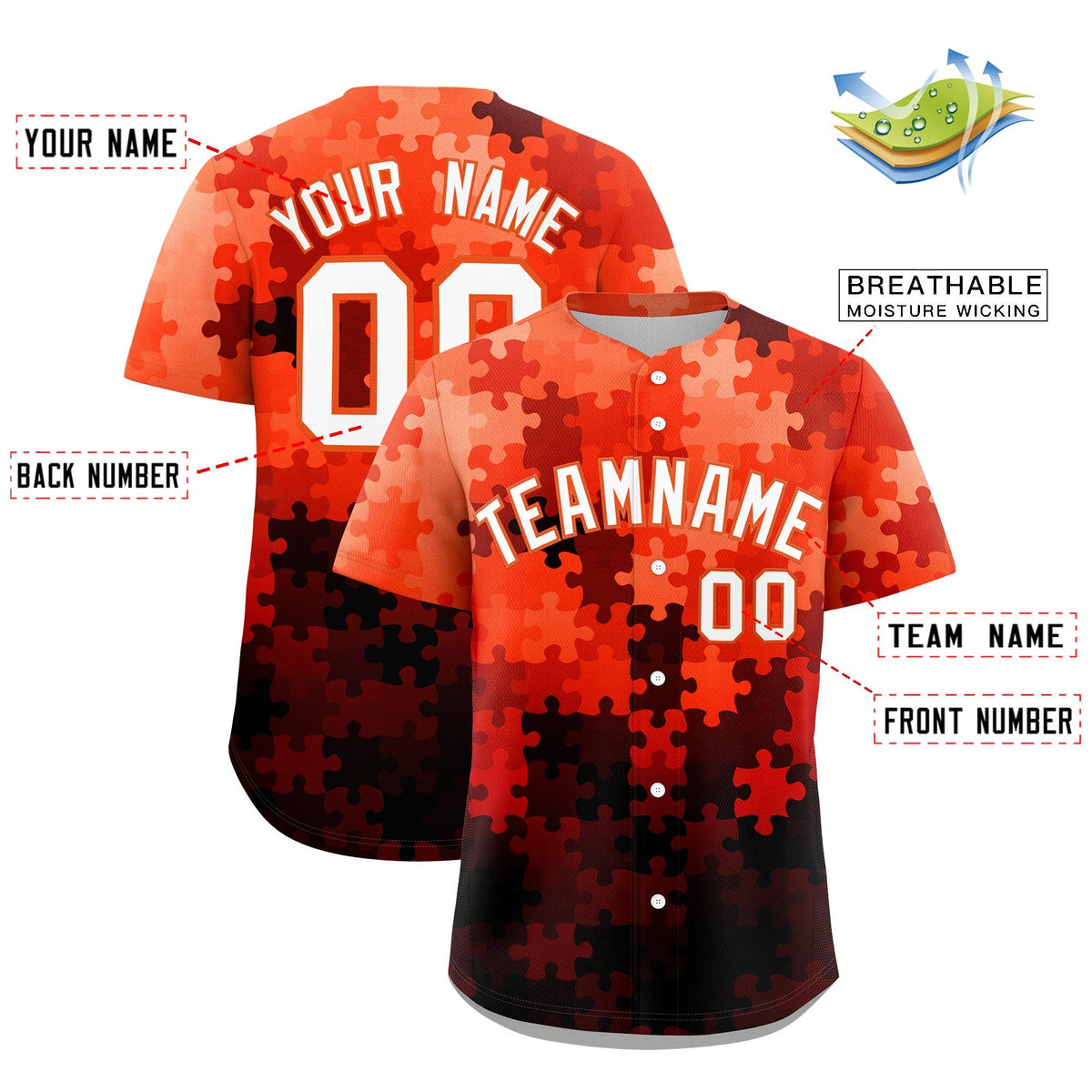 Custom White Orange Puzzle Elements Baseball Jersey | Sublimation Printed &amp; Stitched,Add Name and Numbern,Perfect for Teams | KXKSHOP