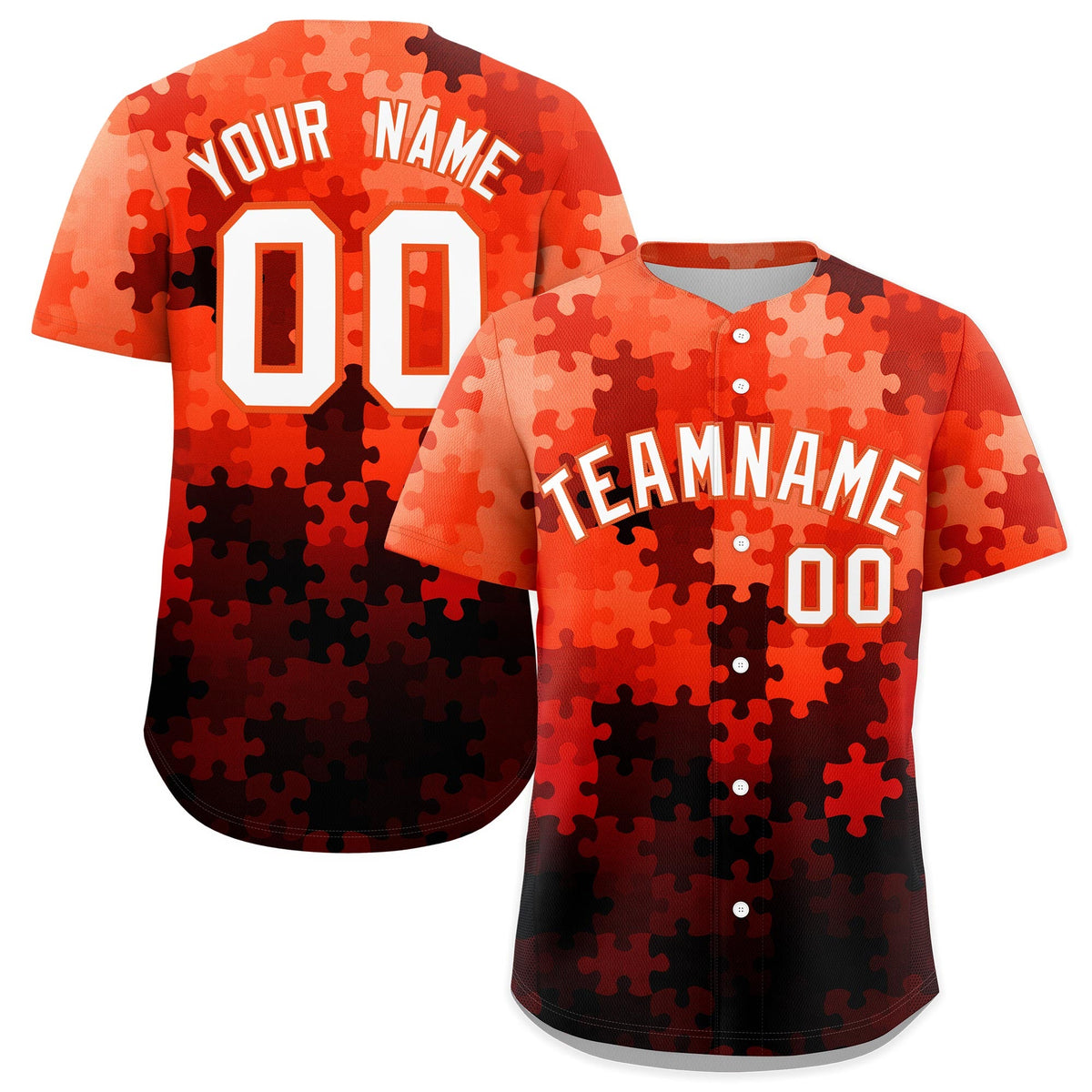 Custom White Orange Puzzle Elements Baseball Jersey | Sublimation Printed &amp; Stitched,Add Name and Numbern,Perfect for Teams | KXKSHOP