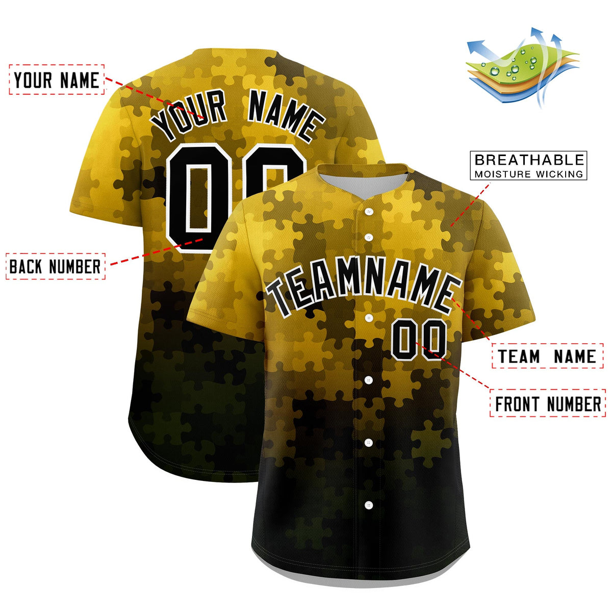 Custom Gold Black White Puzzle Elements Baseball Jersey | Sublimation Printed &amp; Stitched,Add Name and Numbern,Perfect for Teams | KXKSHOP
