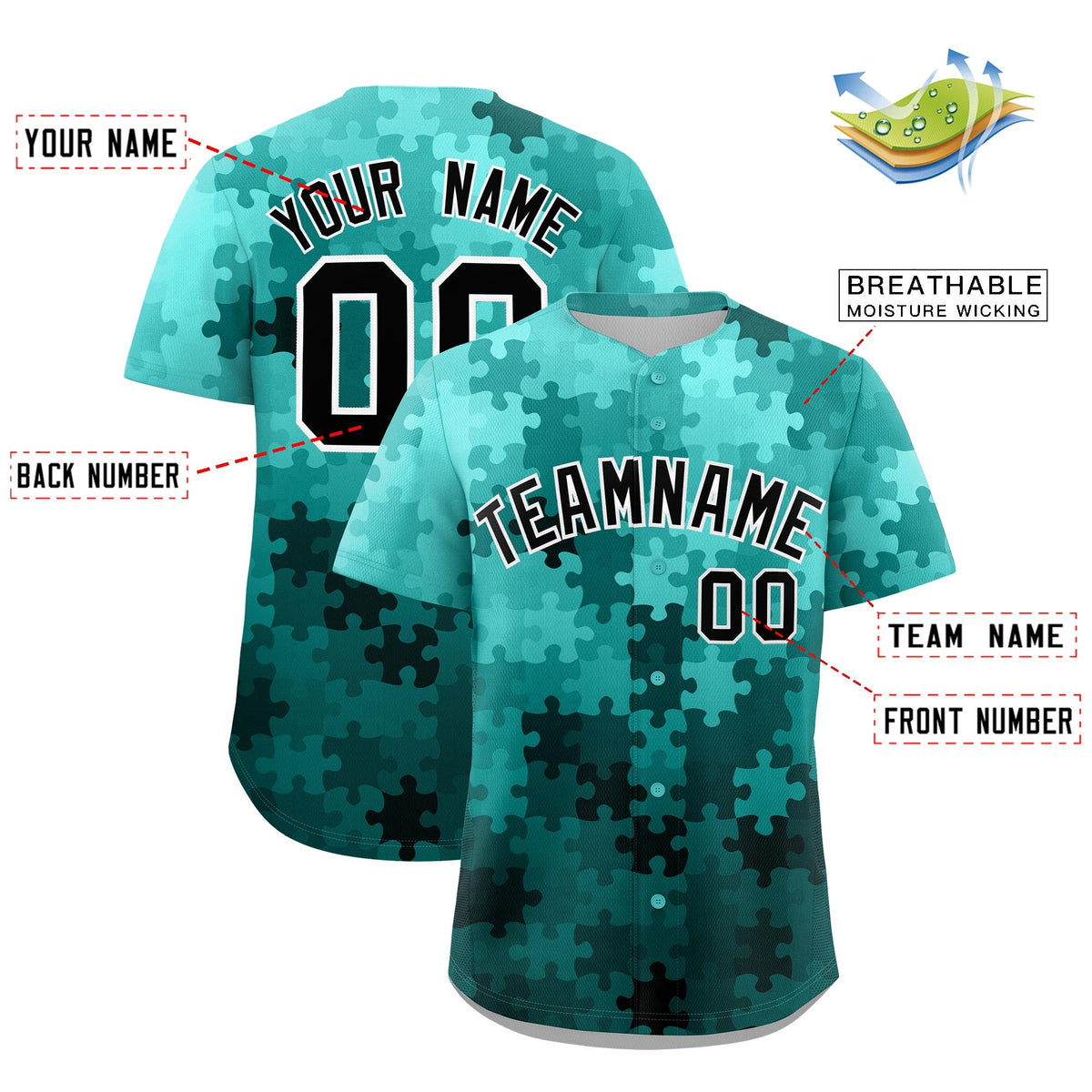 Custom Teal Black White Puzzle Elements Baseball Jersey | Sublimation Printed &amp; Stitched,Add Name and Numbern,Perfect for Teams | KXKSHOP