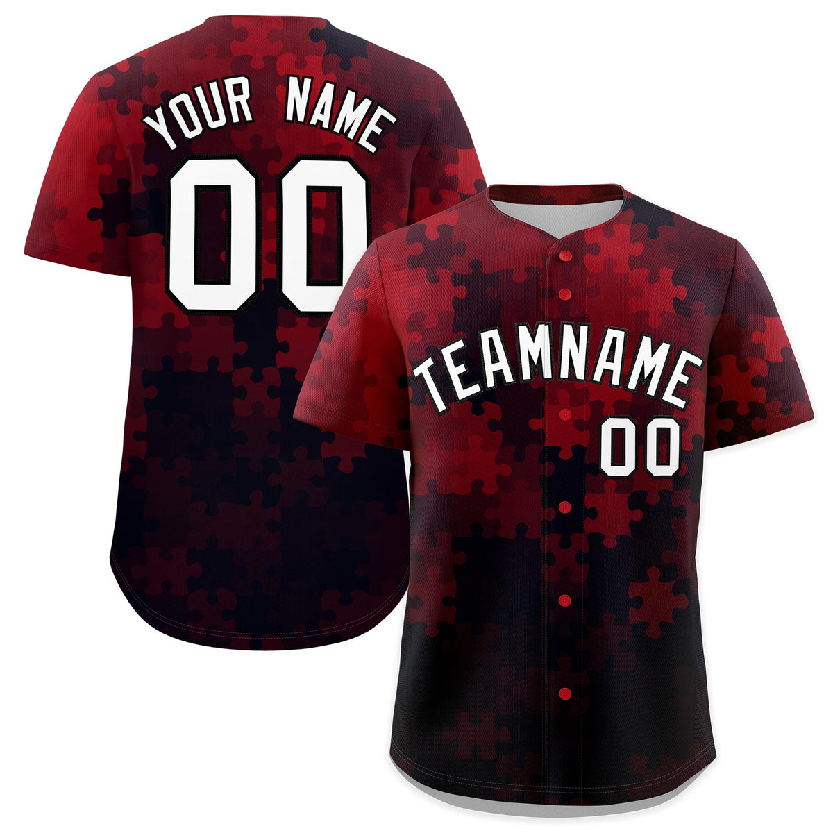 Custom Red White Black Puzzle Elements Baseball Jersey | Sublimation Printed &amp; Stitched,Add Name and Numbern,Perfect for Teams | KXKSHOP