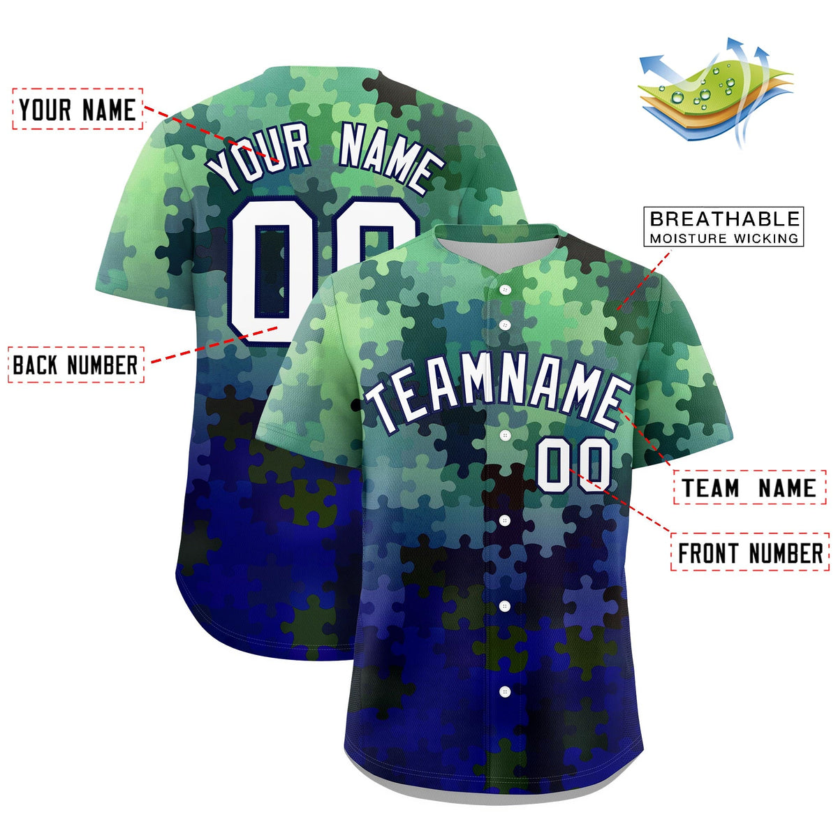 Custom White Dark Blue Puzzle Elements Baseball Jersey | Sublimation Printed &amp; Stitched,Add Name and Numbern,Perfect for Teams | KXKSHOP