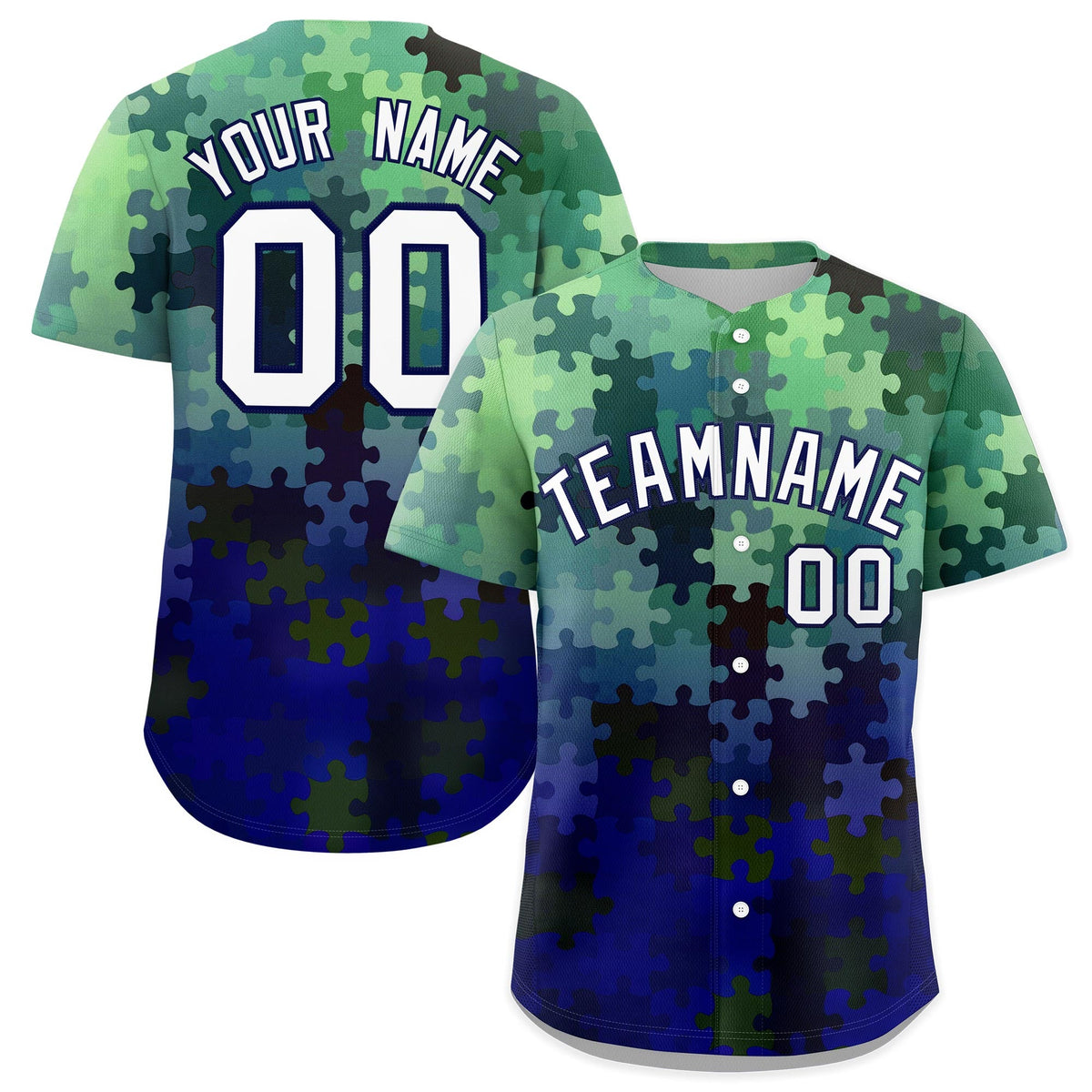 Custom White Dark Blue Puzzle Elements Baseball Jersey | Sublimation Printed &amp; Stitched,Add Name and Numbern,Perfect for Teams | KXKSHOP