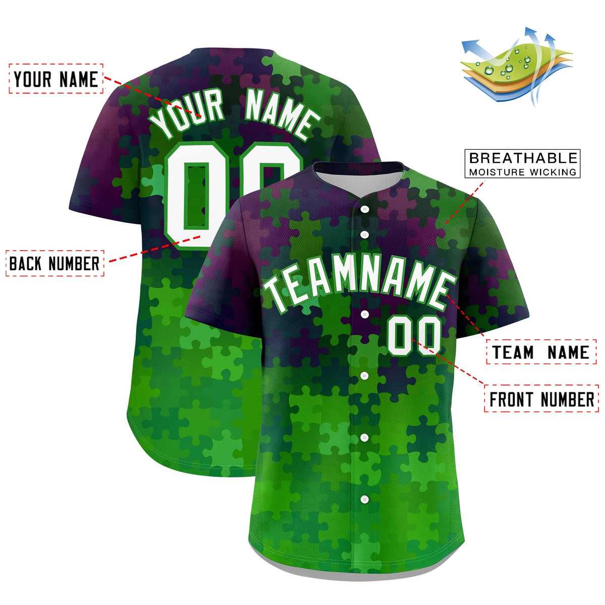 Custom White Light Green Puzzle Elements Baseball Jersey | Sublimation Printed &amp; Stitched,Add Name and Numbern,Perfect for Teams | KXKSHOP