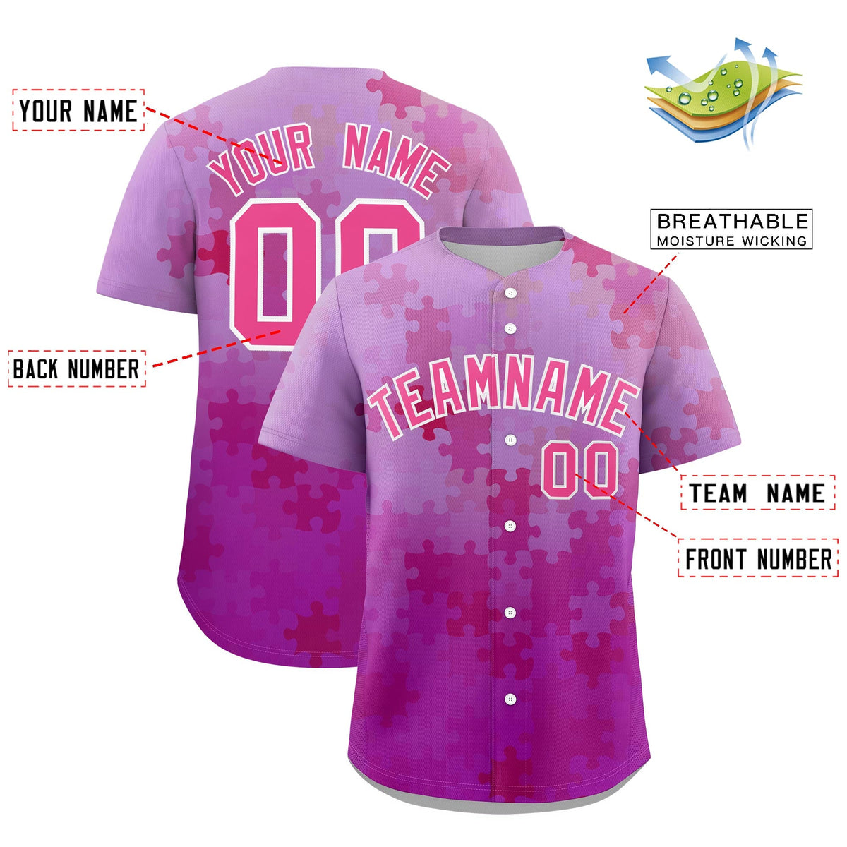 Custom Pink White Puzzle Elements Baseball Jersey | Sublimation Printed &amp; Stitched,Add Name and Numbern,Perfect for Teams | KXKSHOP