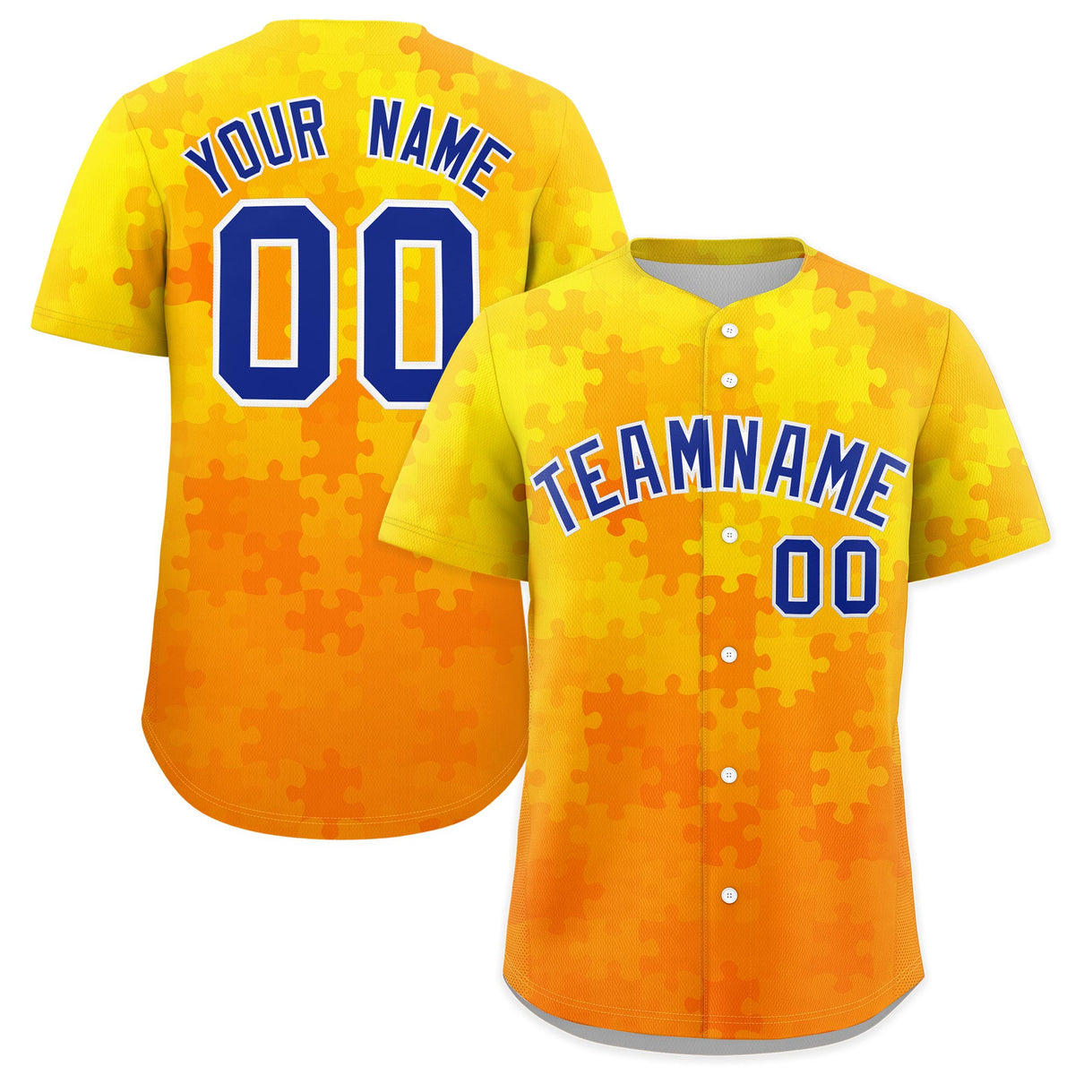 Custom Yellow Royal Blue White Puzzle Elements Baseball Jersey | Sublimation Printed &amp; Stitched,Add Name and Numbern,Perfect for Teams | KXKSHOP