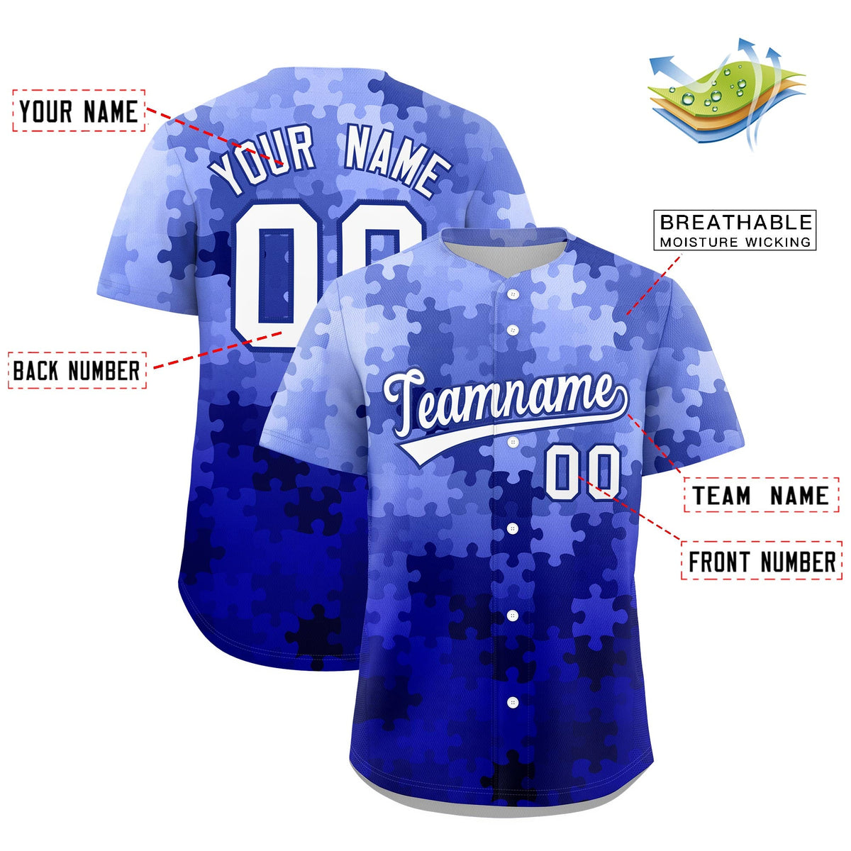 Custom White Royal Blue Puzzle Elements Baseball Jersey | Sublimation Printed &amp; Stitched,Add Name and Numbern,Perfect for Teams | KXKSHOP