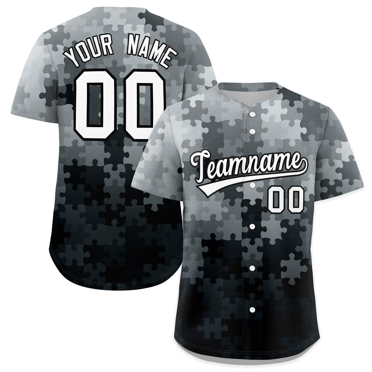 Custom Black White Puzzle Elements Baseball Jersey | Sublimation Printed &amp; Stitched,Add Name and Numbern,Perfect for Teams | KXKSHOP