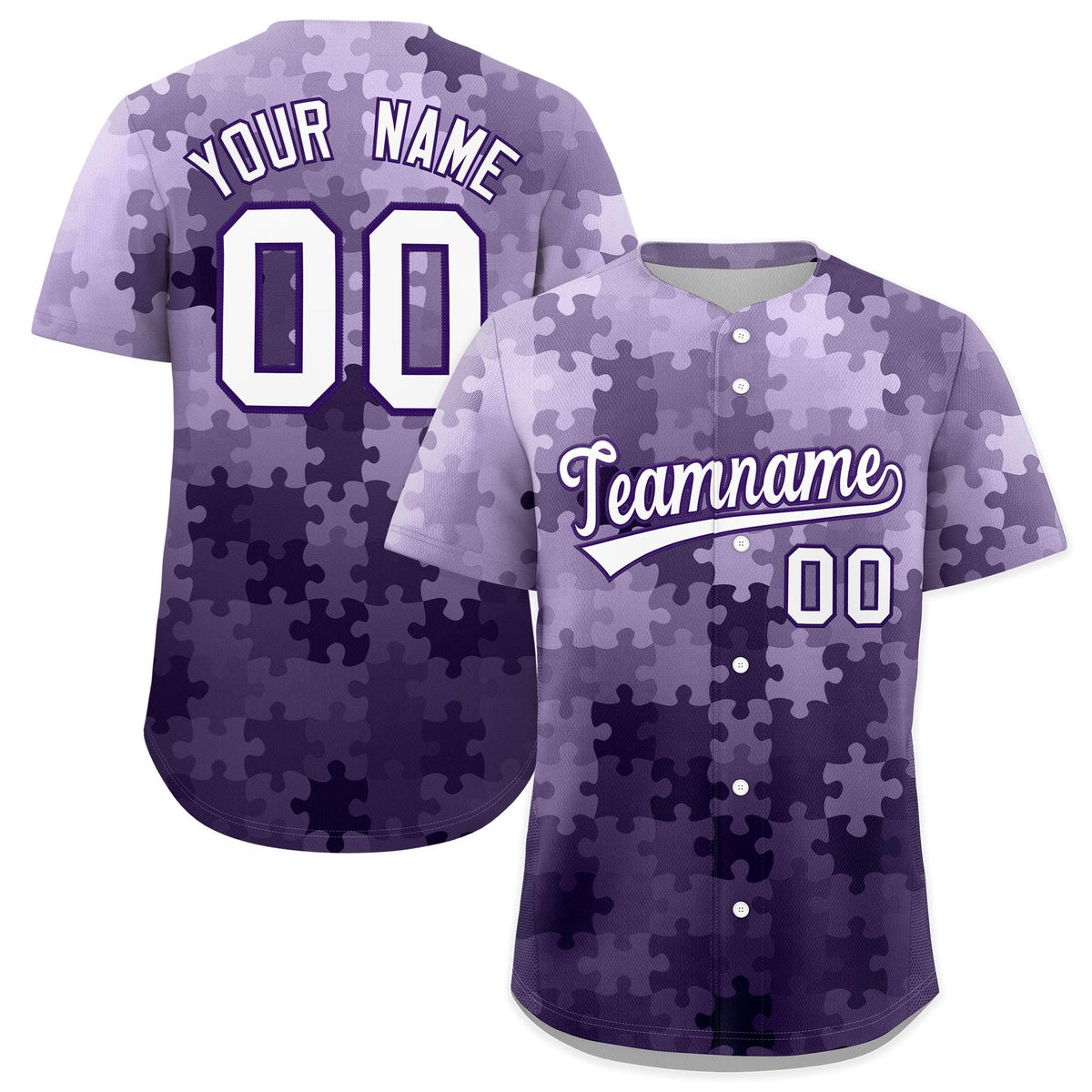 Custom White Purple Puzzle Elements Baseball Jersey | Sublimation Printed &amp; Stitched,Add Name and Numbern,Perfect for Teams | KXKSHOP