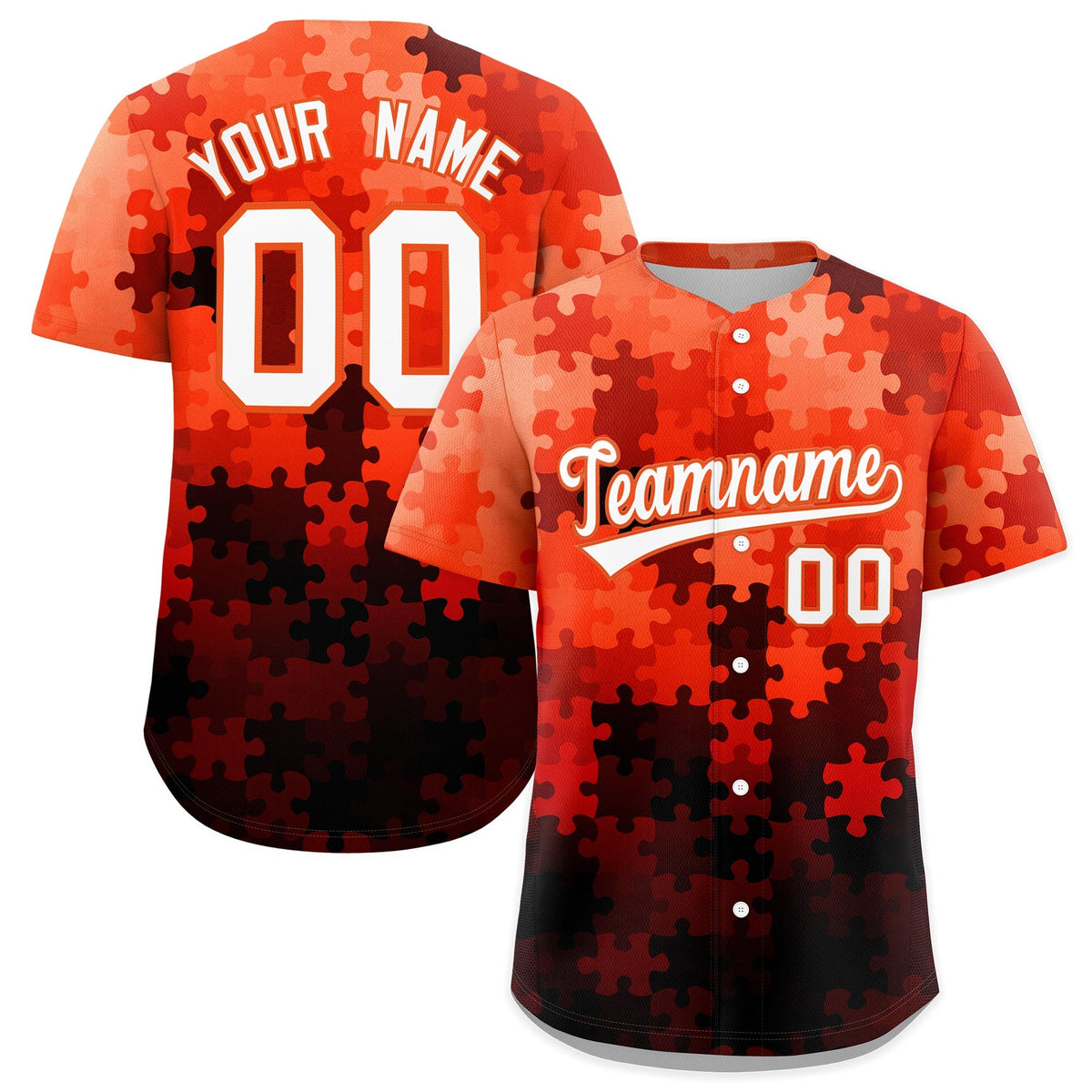 Custom White Orange Puzzle Elements Baseball Jersey | Sublimation Printed &amp; Stitched,Add Name and Numbern,Perfect for Teams | KXKSHOP