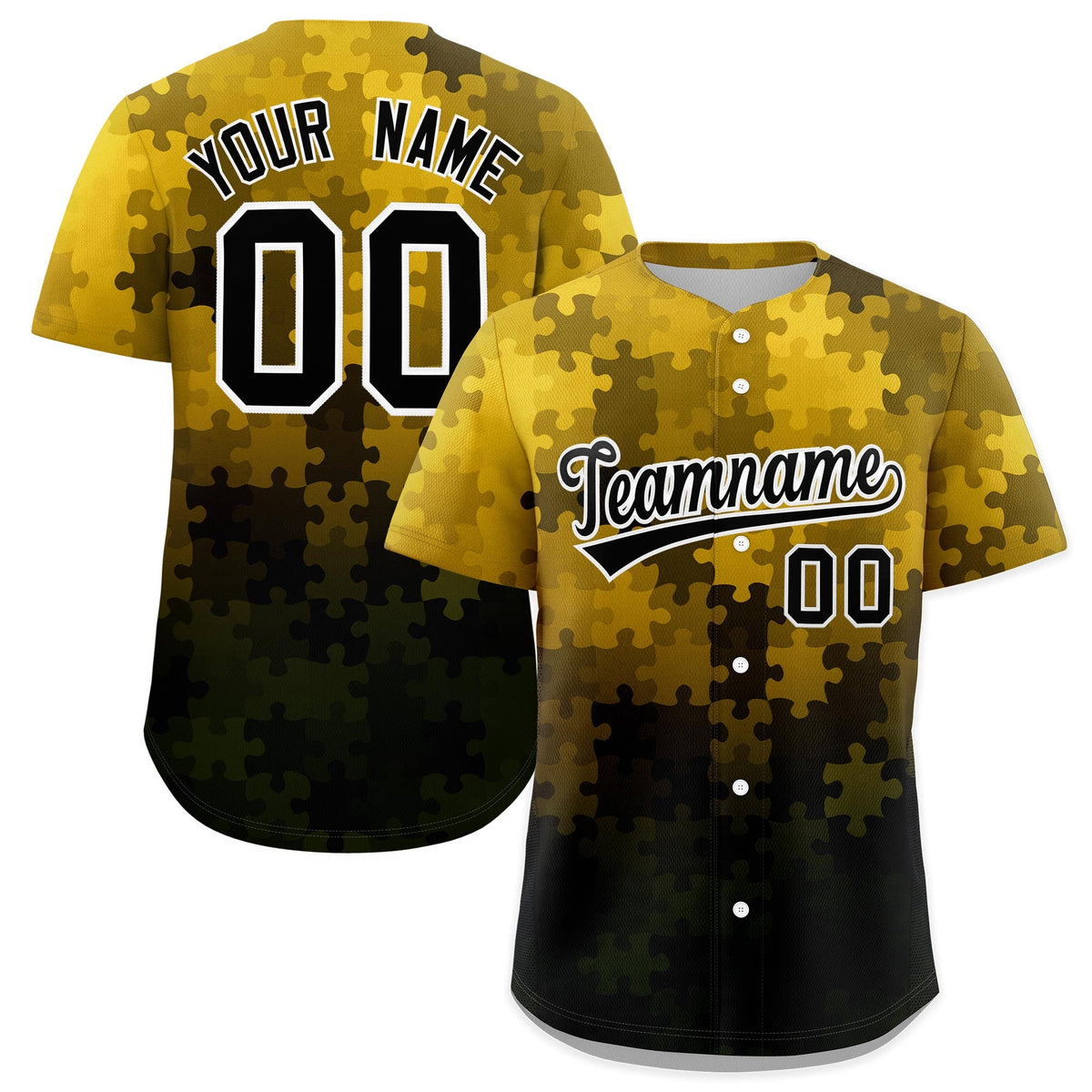 Custom Gold Black White Puzzle Elements Baseball Jersey | Sublimation Printed &amp; Stitched,Add Name and Numbern,Perfect for Teams | KXKSHOP