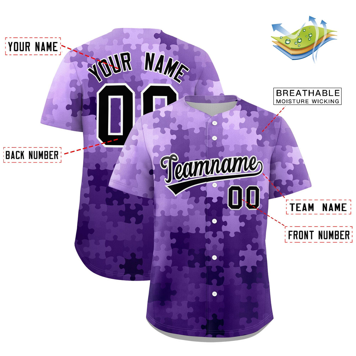Custom Purple Black White Puzzle Elements Baseball Jersey | Sublimation Printed &amp; Stitched,Add Name and Numbern,Perfect for Teams | KXKSHOP