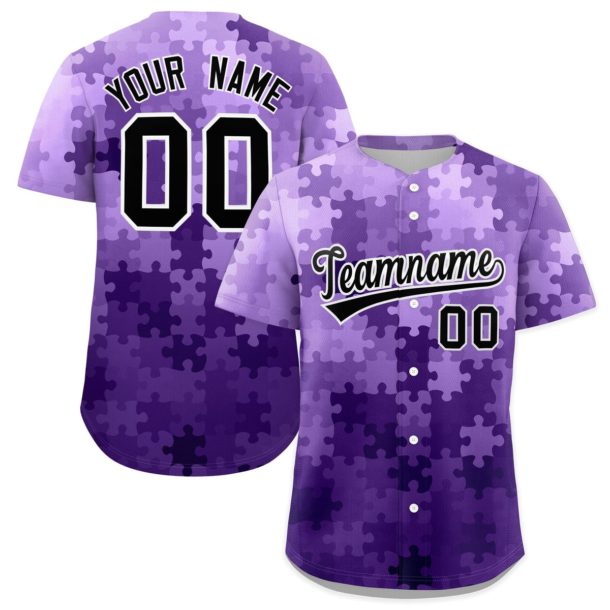 Custom Purple Black White Puzzle Elements Baseball Jersey | Sublimation Printed &amp; Stitched,Add Name and Numbern,Perfect for Teams | KXKSHOP