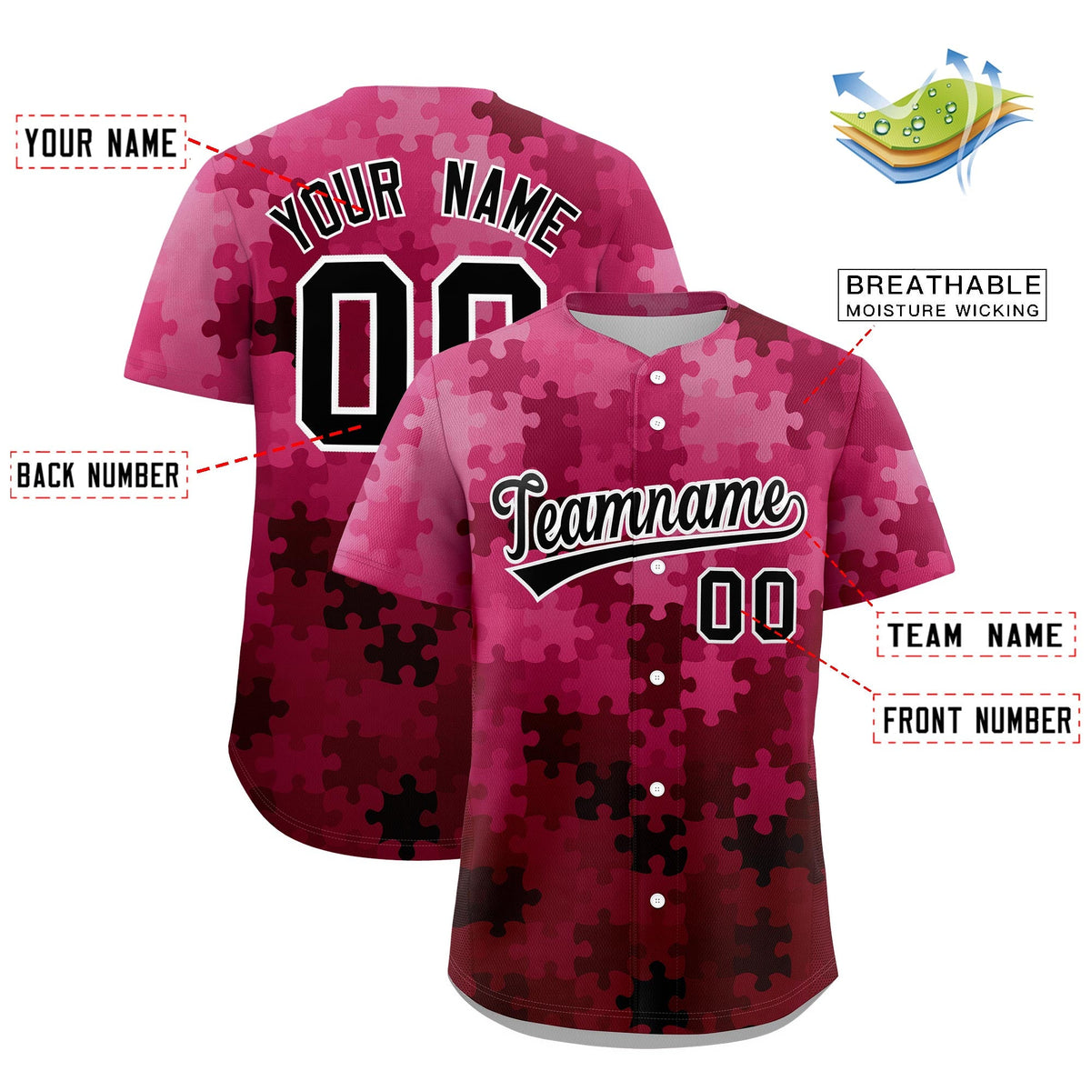 Custom Rose Red Black White Puzzle Elements Baseball Jersey | Sublimation Printed &amp; Stitched,Add Name and Numbern,Perfect for Teams | KXKSHOP