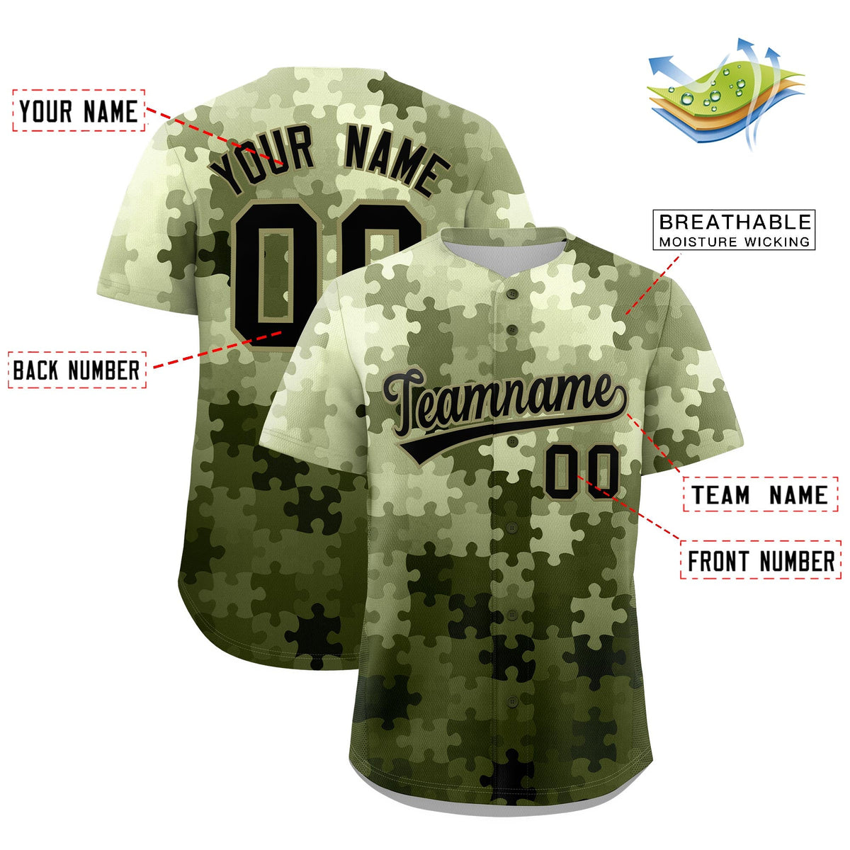 Custom Black Khaki Puzzle Elements Baseball Jersey | Sublimation Printed &amp; Stitched,Add Name and Numbern,Perfect for Teams | KXKSHOP