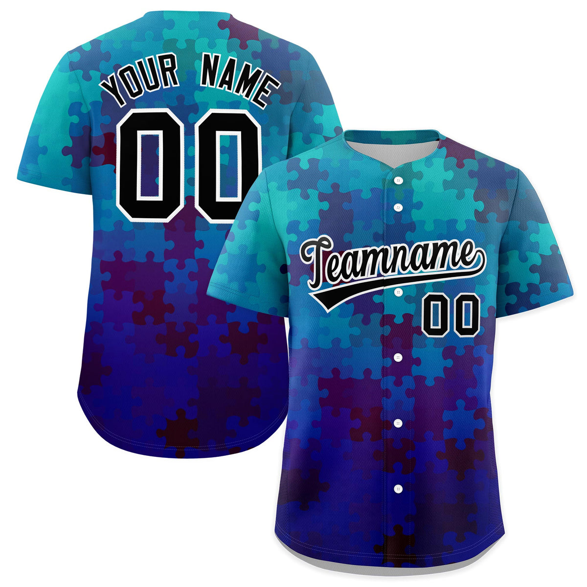 Custom Blue Black White Puzzle Elements Baseball Jersey | Sublimation Printed &amp; Stitched,Add Name and Numbern,Perfect for Teams | KXKSHOP