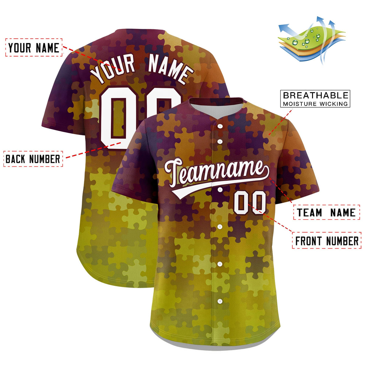 Custom White Burgundy Puzzle Elements Baseball Jersey | Sublimation Printed &amp; Stitched,Add Name and Numbern,Perfect for Teams | KXKSHOP