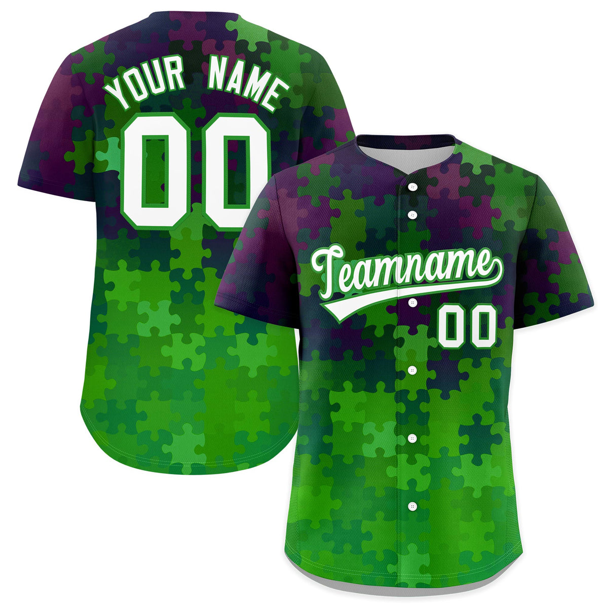 Custom White Light Green Puzzle Elements Baseball Jersey | Sublimation Printed &amp; Stitched,Add Name and Numbern,Perfect for Teams | KXKSHOP