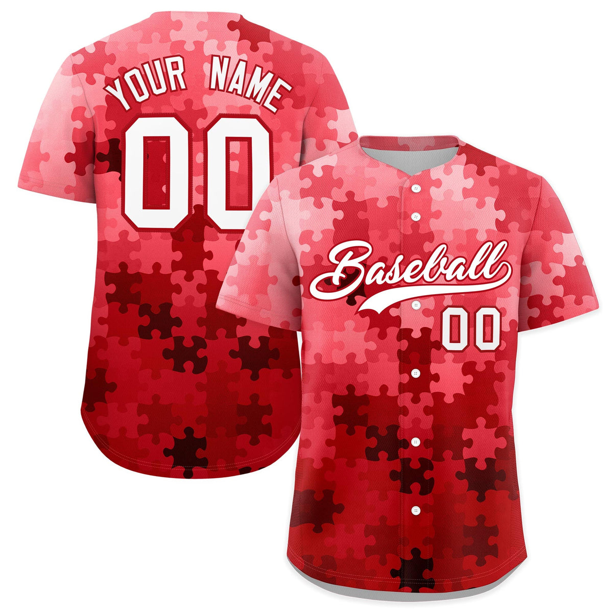 Custom Red White Puzzle Elements Baseball Jersey | Sublimation Printed &amp; Stitched,Add Name and Numbern,Perfect for Teams | KXKSHOP