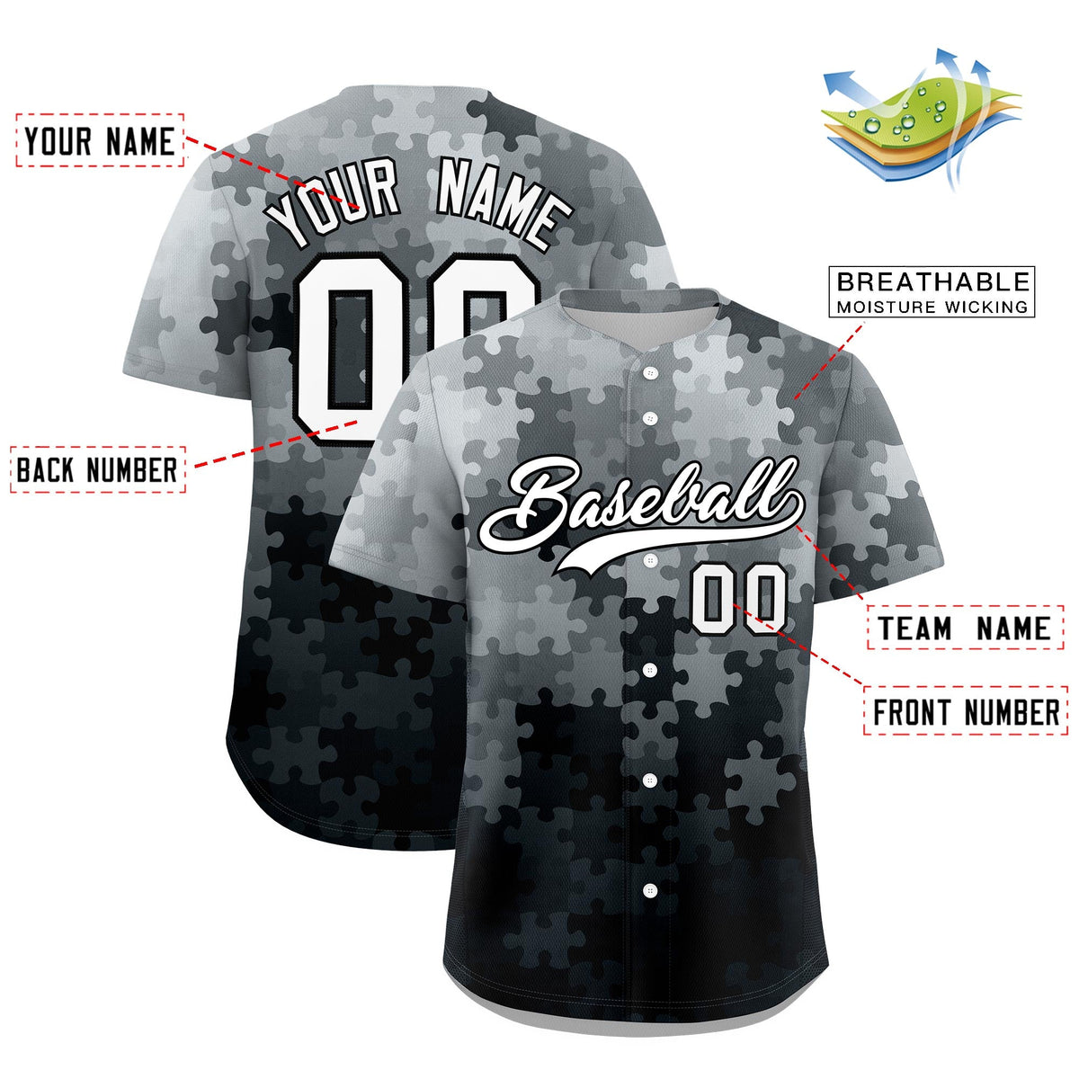 Custom Black White Puzzle Elements Baseball Jersey | Sublimation Printed &amp; Stitched,Add Name and Numbern,Perfect for Teams | KXKSHOP