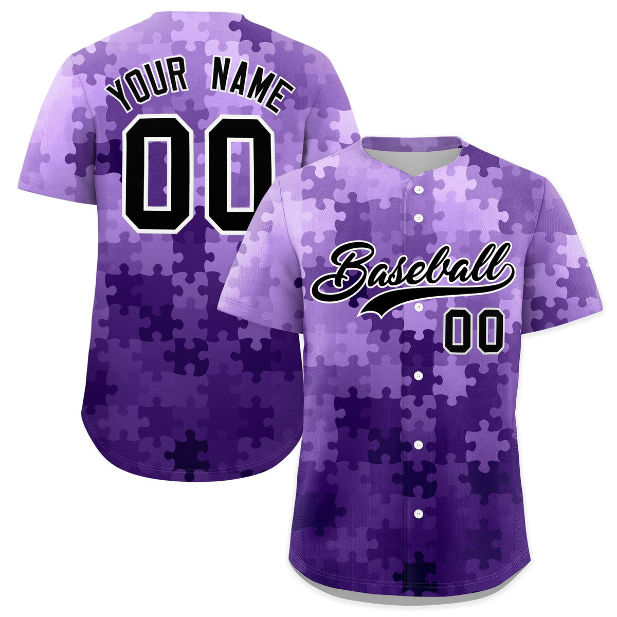 Custom Purple Black White Puzzle Elements Baseball Jersey | Sublimation Printed &amp; Stitched,Add Name and Numbern,Perfect for Teams | KXKSHOP
