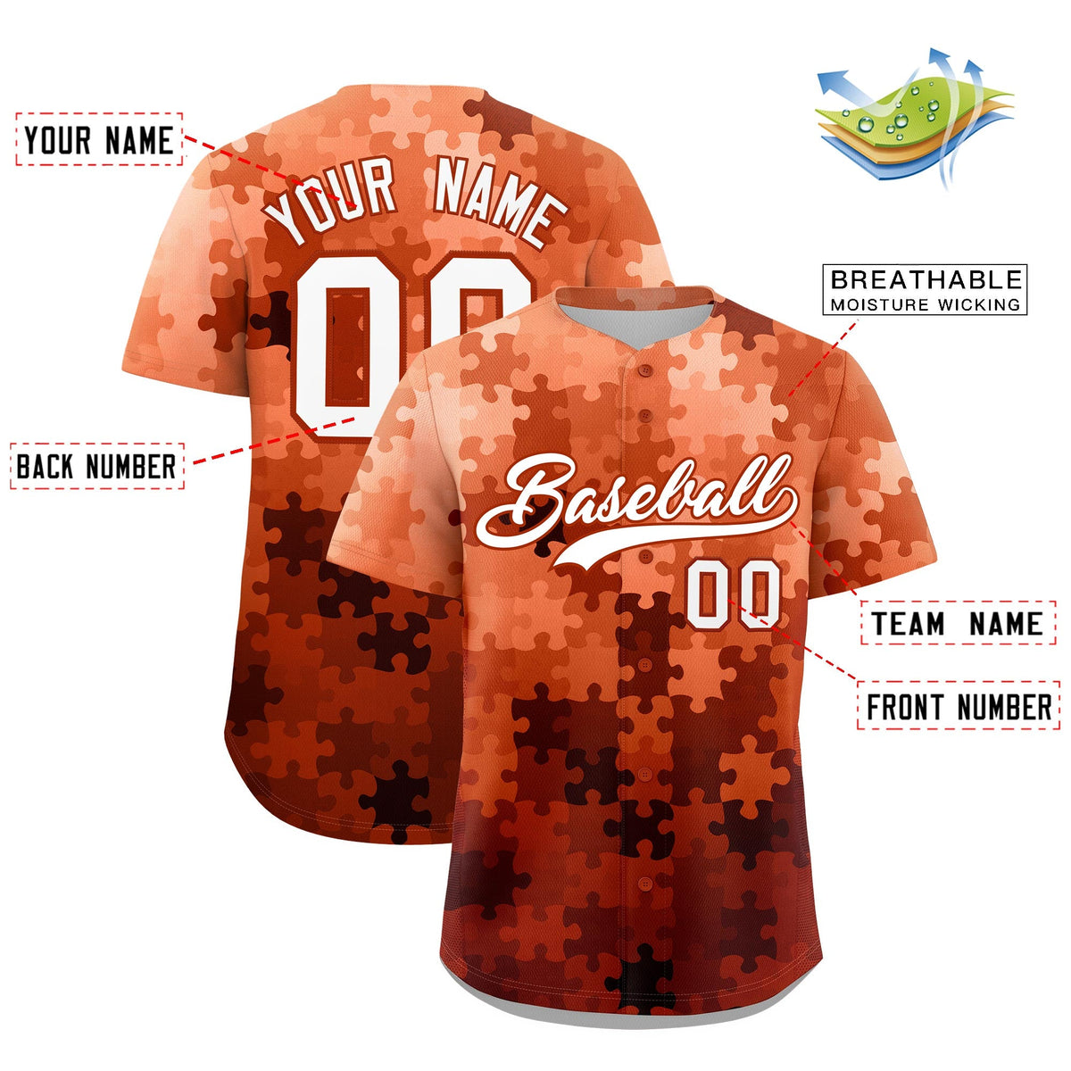 Custom White Dark Orange Puzzle Elements Baseball Jersey | Sublimation Printed &amp; Stitched,Add Name and Numbern,Perfect for Teams | KXKSHOP