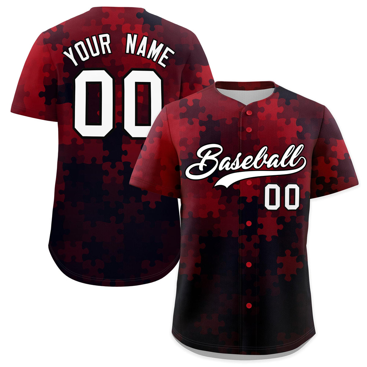 Custom Red White Black Puzzle Elements Baseball Jersey | Sublimation Printed &amp; Stitched,Add Name and Numbern,Perfect for Teams | KXKSHOP