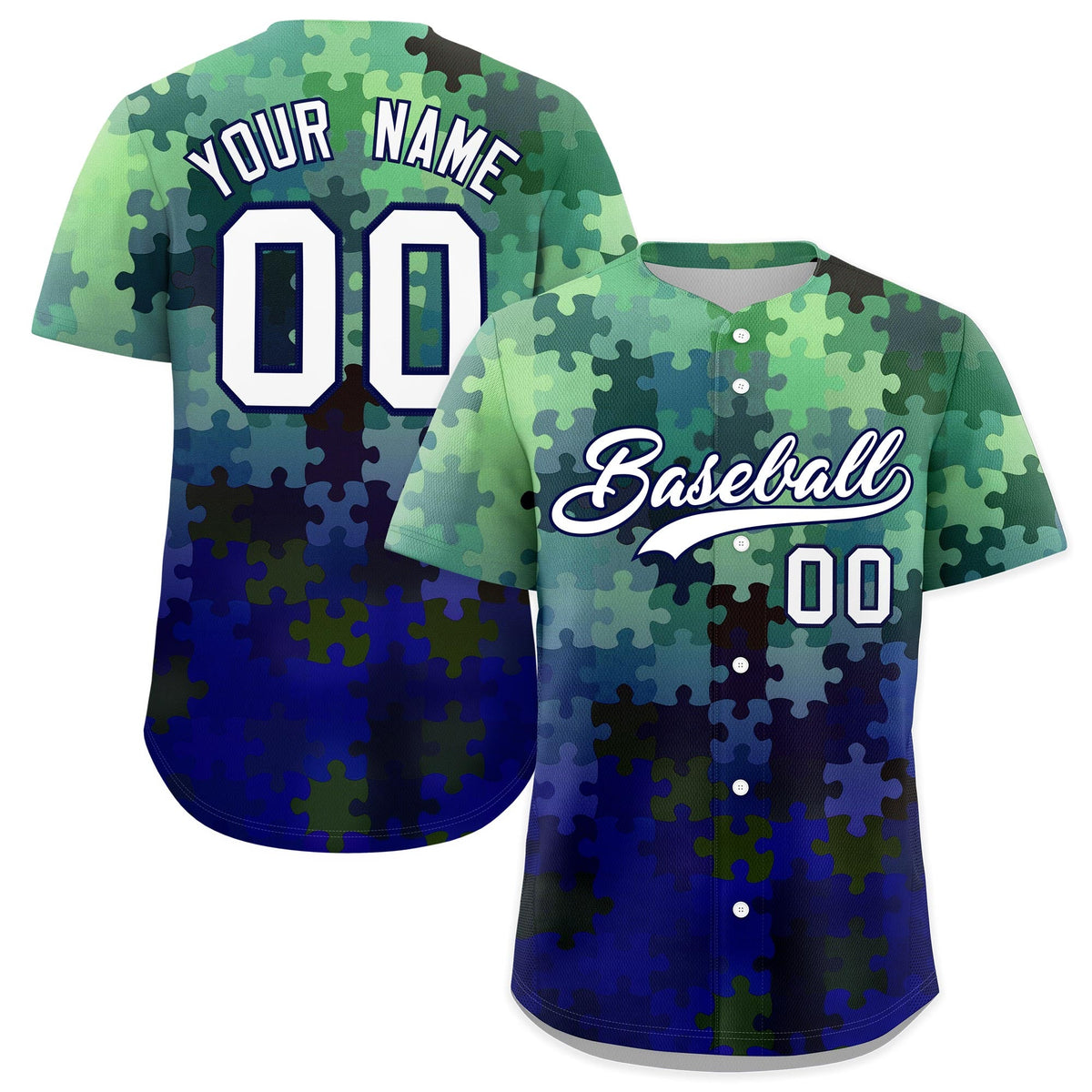 Custom White Dark Blue Puzzle Elements Baseball Jersey | Sublimation Printed &amp; Stitched,Add Name and Numbern,Perfect for Teams | KXKSHOP