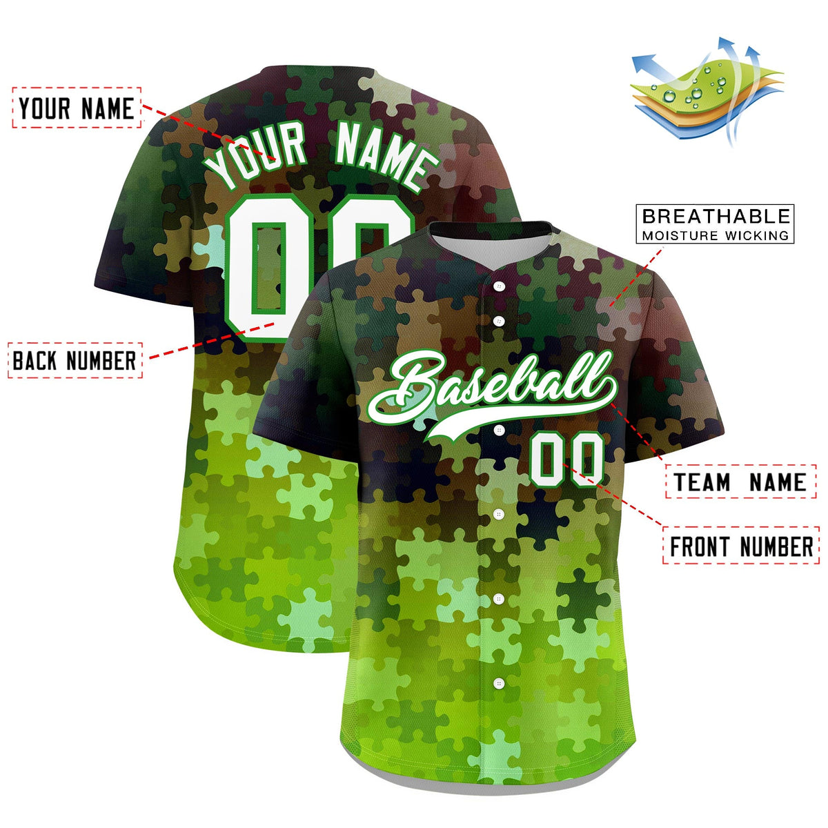 Custom Light Green White Puzzle Elements Baseball Jersey | Sublimation Printed &amp; Stitched,Add Name and Numbern,Perfect for Teams | KXKSHOP