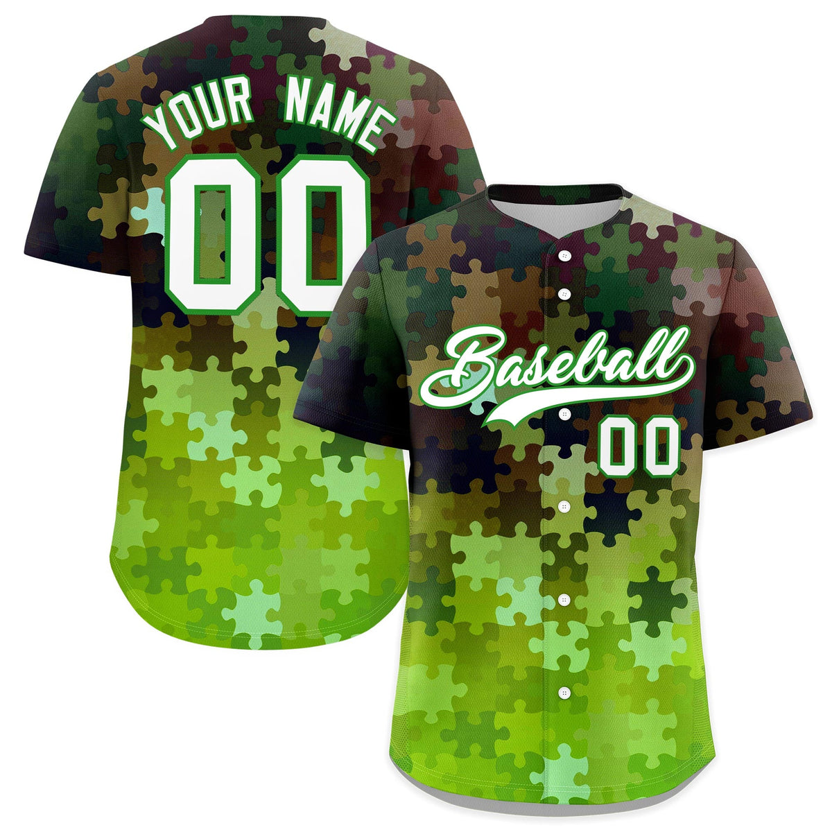 Custom Light Green White Puzzle Elements Baseball Jersey | Sublimation Printed &amp; Stitched,Add Name and Numbern,Perfect for Teams | KXKSHOP