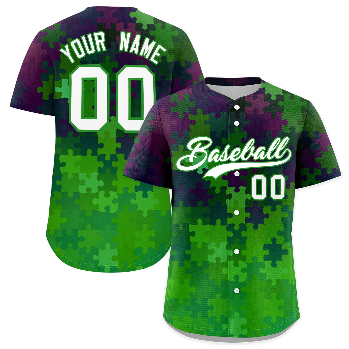 Custom White Light Green Puzzle Elements Baseball Jersey | Sublimation Printed &amp; Stitched,Add Name and Numbern,Perfect for Teams | KXKSHOP