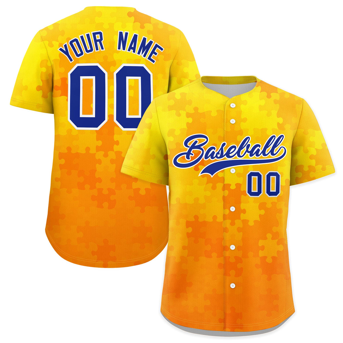 Custom Yellow Royal Blue White Puzzle Elements Baseball Jersey | Sublimation Printed &amp; Stitched,Add Name and Numbern,Perfect for Teams | KXKSHOP