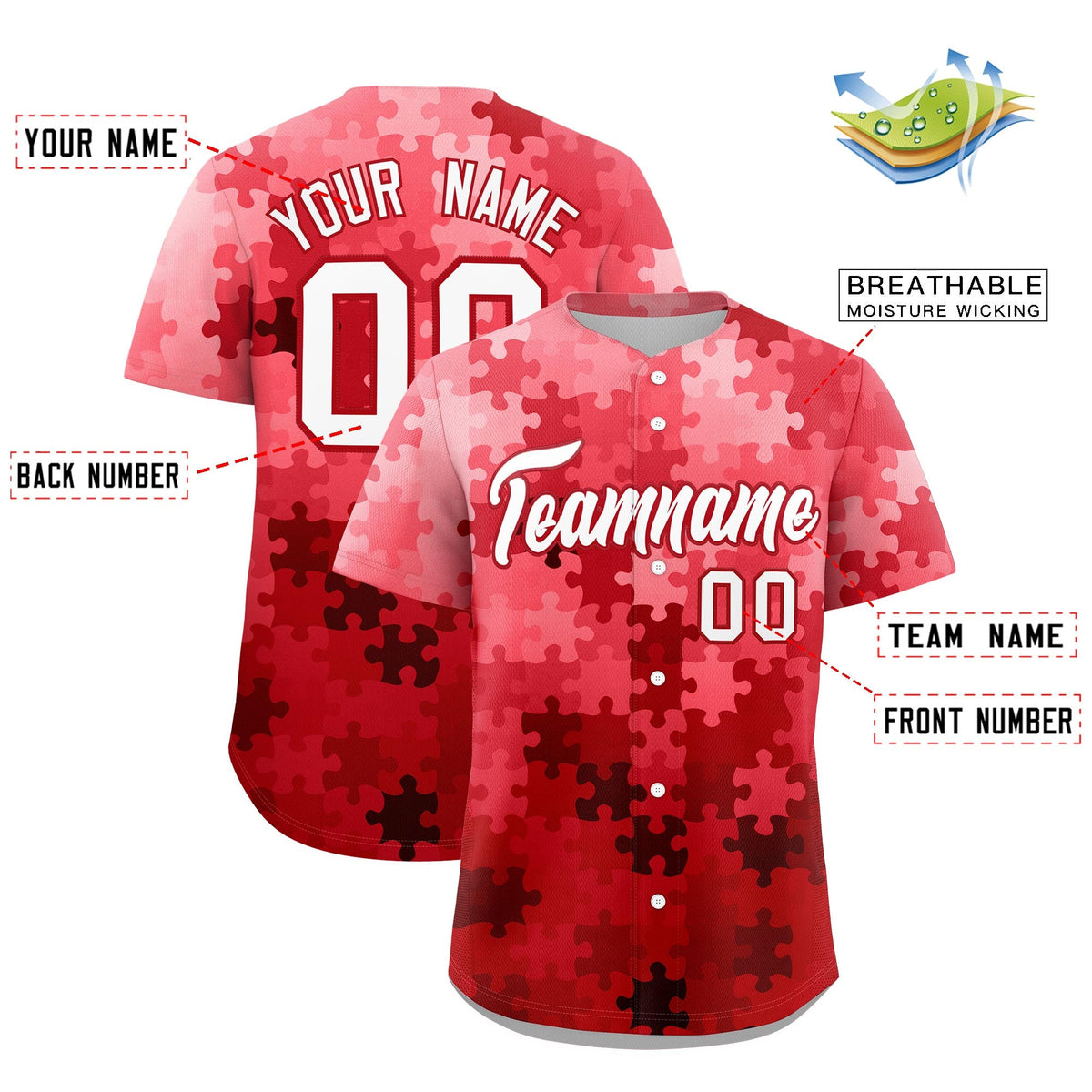 Custom Red White Puzzle Elements Baseball Jersey | Sublimation Printed &amp; Stitched,Add Name and Numbern,Perfect for Teams | KXKSHOP