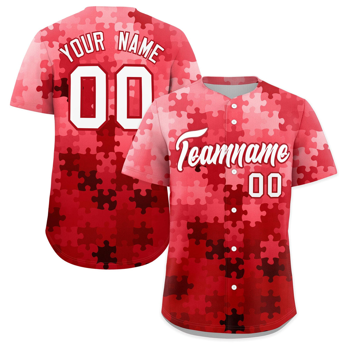 Custom Red White Puzzle Elements Baseball Jersey | Sublimation Printed &amp; Stitched,Add Name and Numbern,Perfect for Teams | KXKSHOP