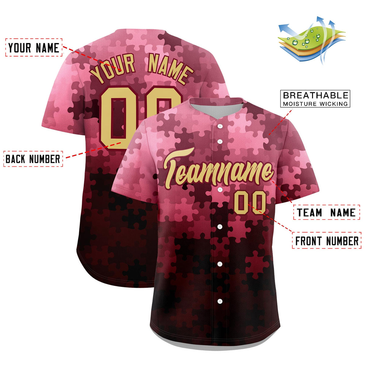 Custom Khaki Crimson Puzzle Elements Baseball Jersey | Sublimation Printed &amp; Stitched,Add Name and Numbern,Perfect for Teams | KXKSHOP