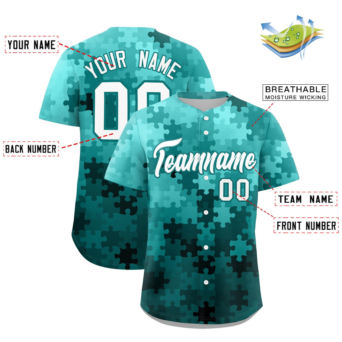 Custom White Aqua Puzzle Elements Baseball Jersey | Sublimation Printed &amp; Stitched,Add Name and Numbern,Perfect for Teams | KXKSHOP