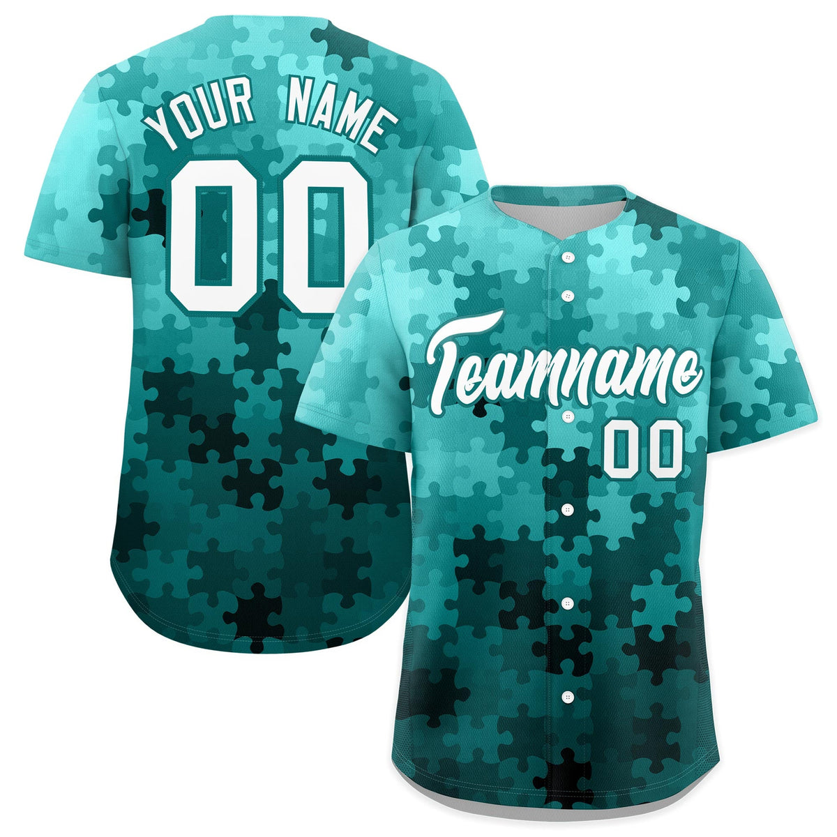 Custom White Aqua Puzzle Elements Baseball Jersey | Sublimation Printed &amp; Stitched,Add Name and Numbern,Perfect for Teams | KXKSHOP