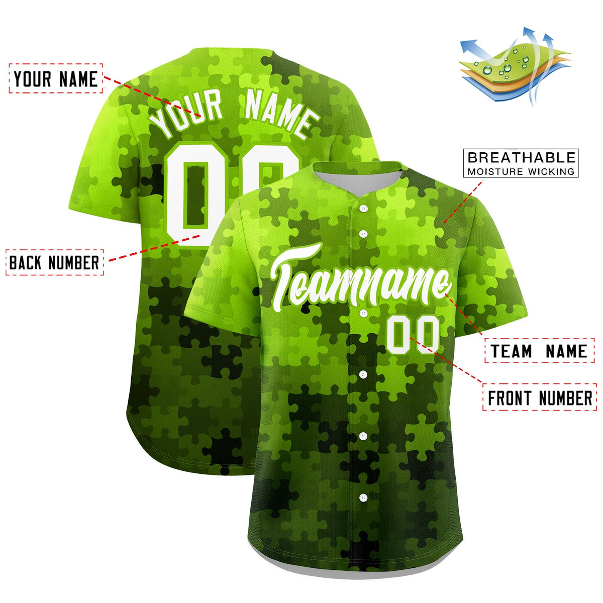 Custom White Neon Green Puzzle Elements Baseball Jersey | Sublimation Printed &amp; Stitched,Add Name and Numbern,Perfect for Teams | KXKSHOP