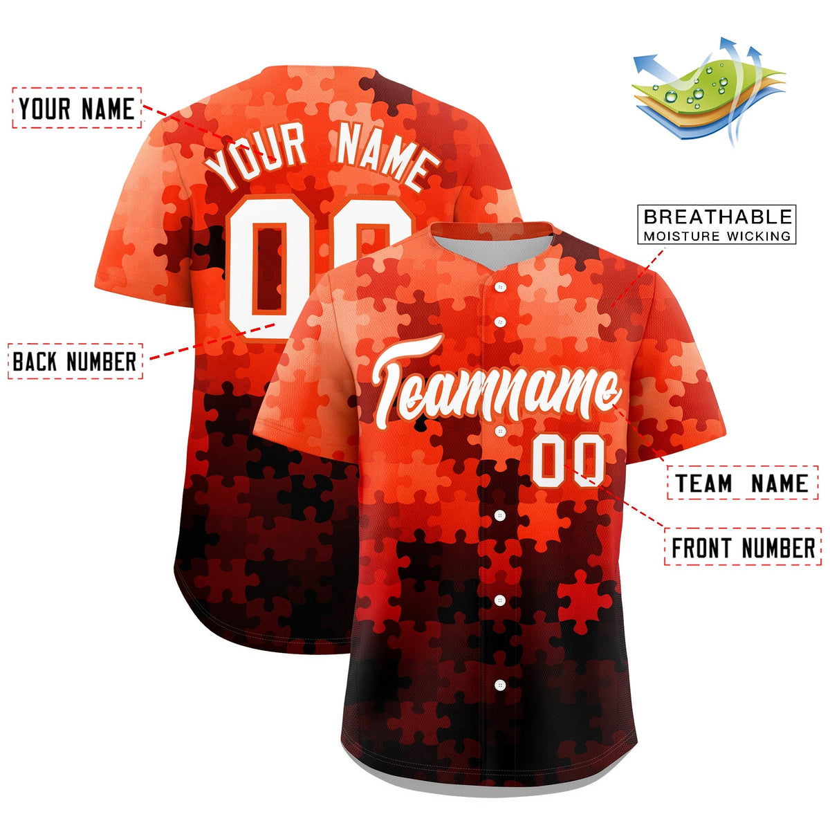 Custom White Orange Puzzle Elements Baseball Jersey | Sublimation Printed &amp; Stitched,Add Name and Numbern,Perfect for Teams | KXKSHOP