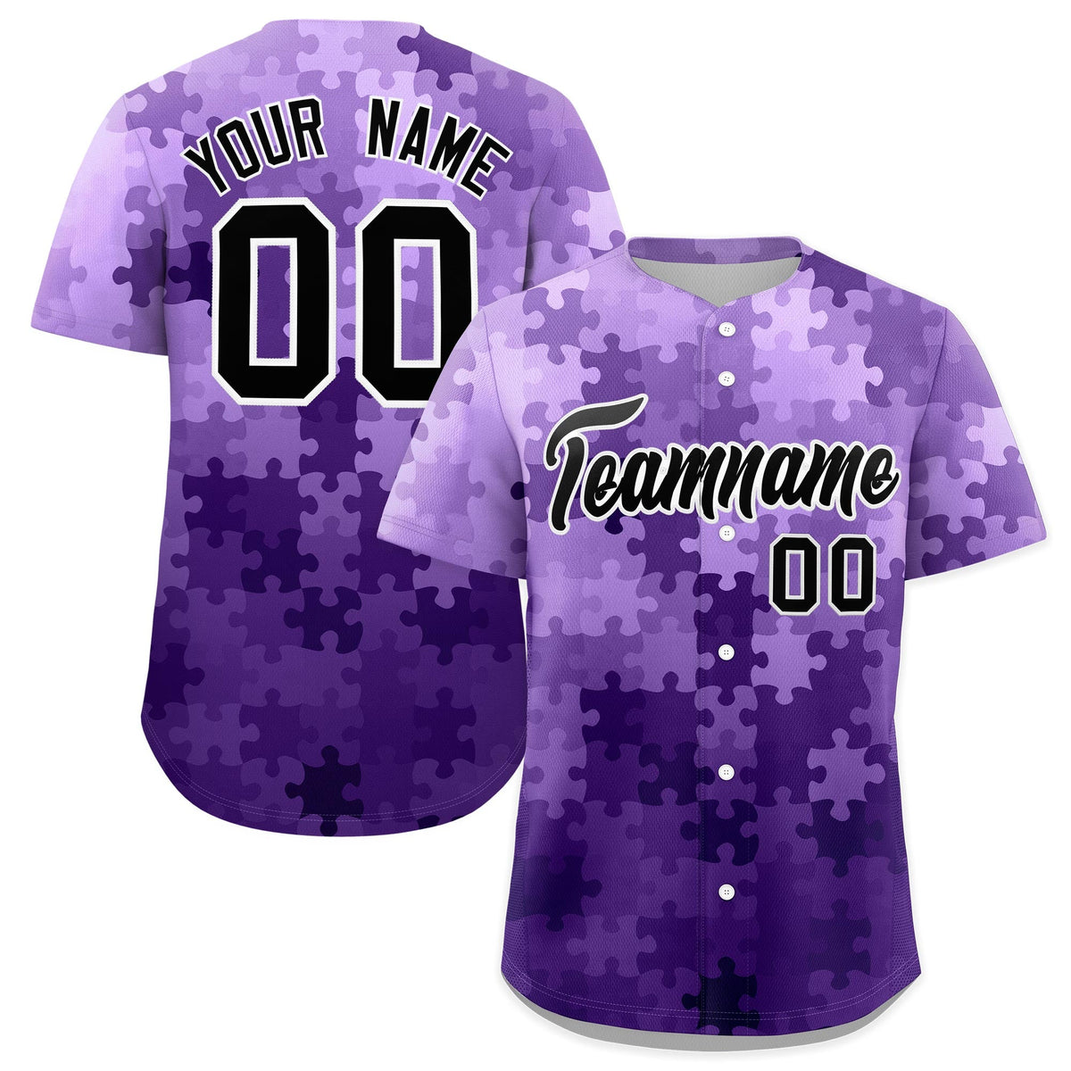 Custom Purple Black White Puzzle Elements Baseball Jersey | Sublimation Printed &amp; Stitched,Add Name and Numbern,Perfect for Teams | KXKSHOP