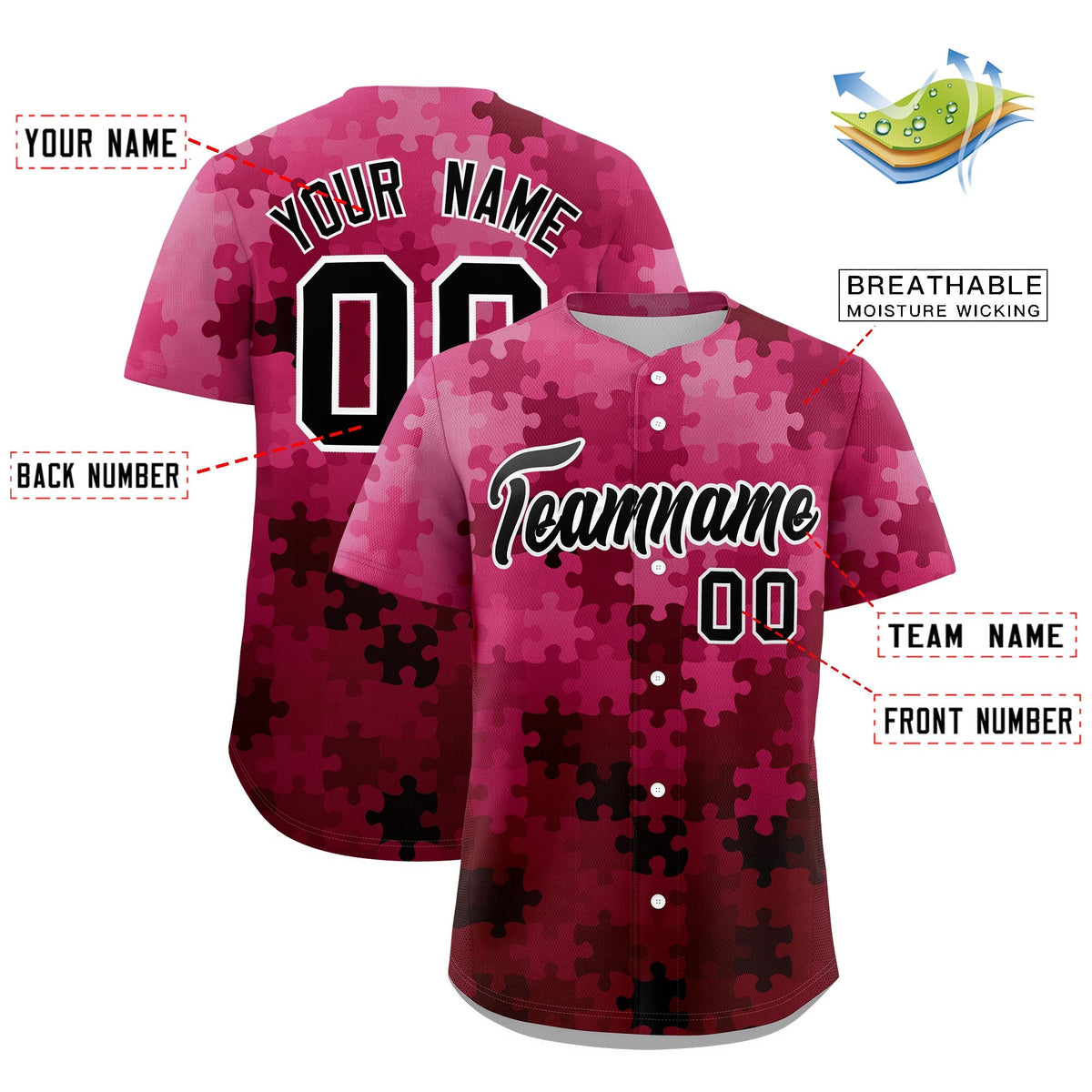 Custom Rose Red Black White Puzzle Elements Baseball Jersey | Sublimation Printed &amp; Stitched,Add Name and Numbern,Perfect for Teams | KXKSHOP