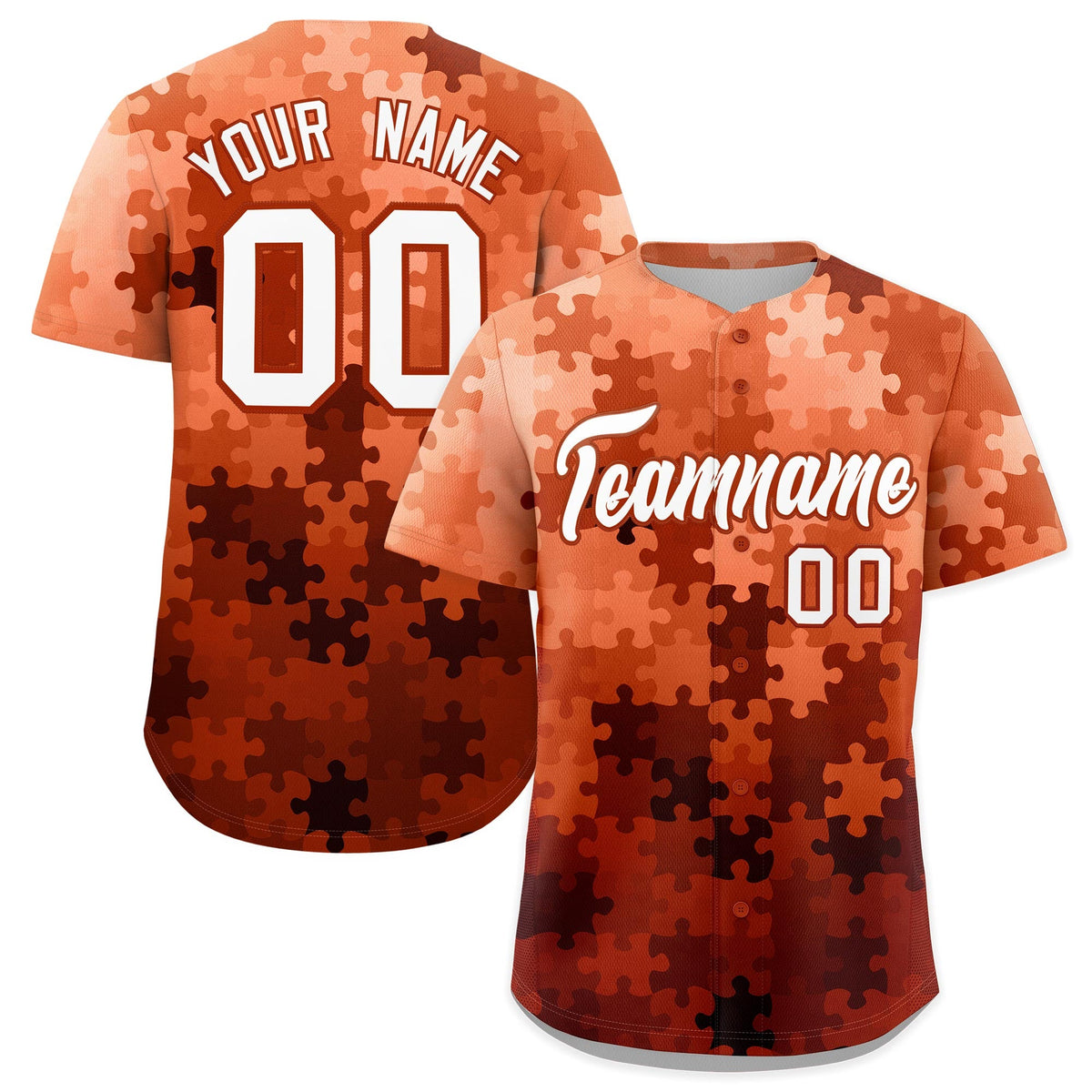Custom White Dark Orange Puzzle Elements Baseball Jersey | Sublimation Printed &amp; Stitched,Add Name and Numbern,Perfect for Teams | KXKSHOP