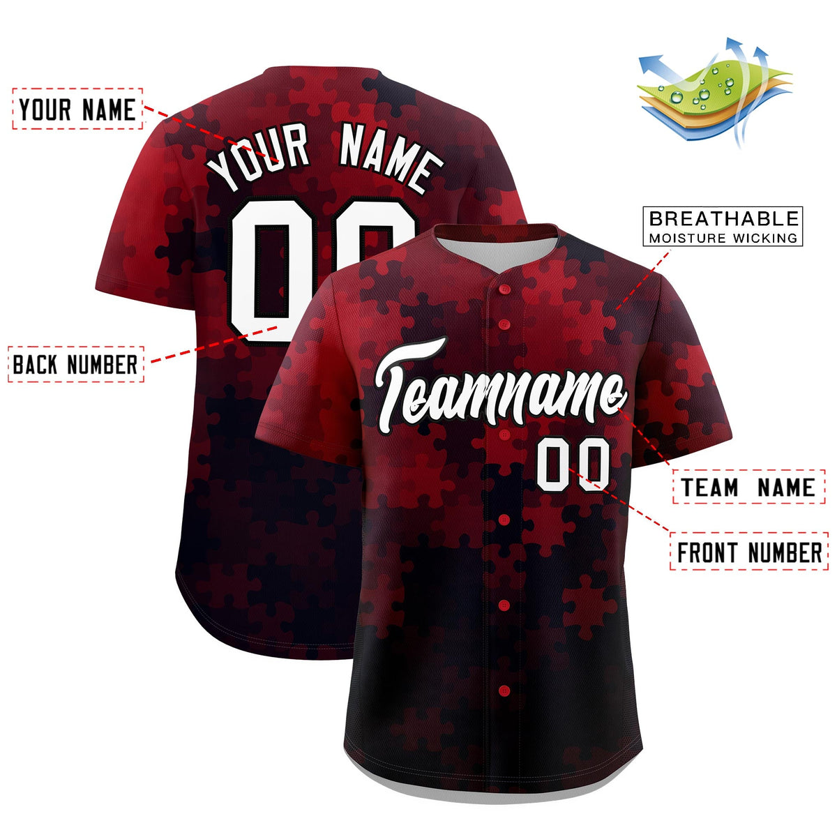 Custom Red White Black Puzzle Elements Baseball Jersey | Sublimation Printed &amp; Stitched,Add Name and Numbern,Perfect for Teams | KXKSHOP