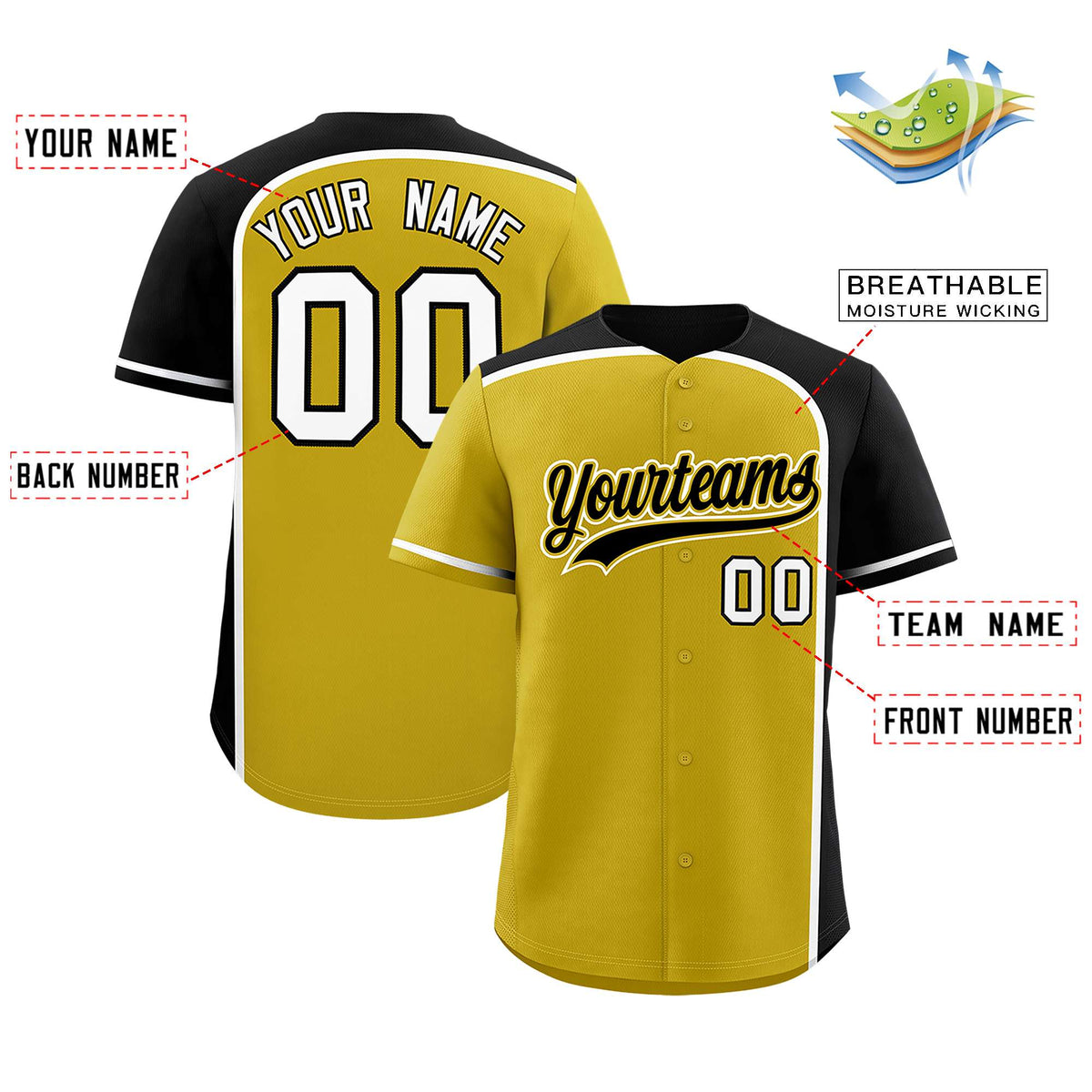 Custom Old Gold Black Personalized Color Block Authentic Baseball jersey
