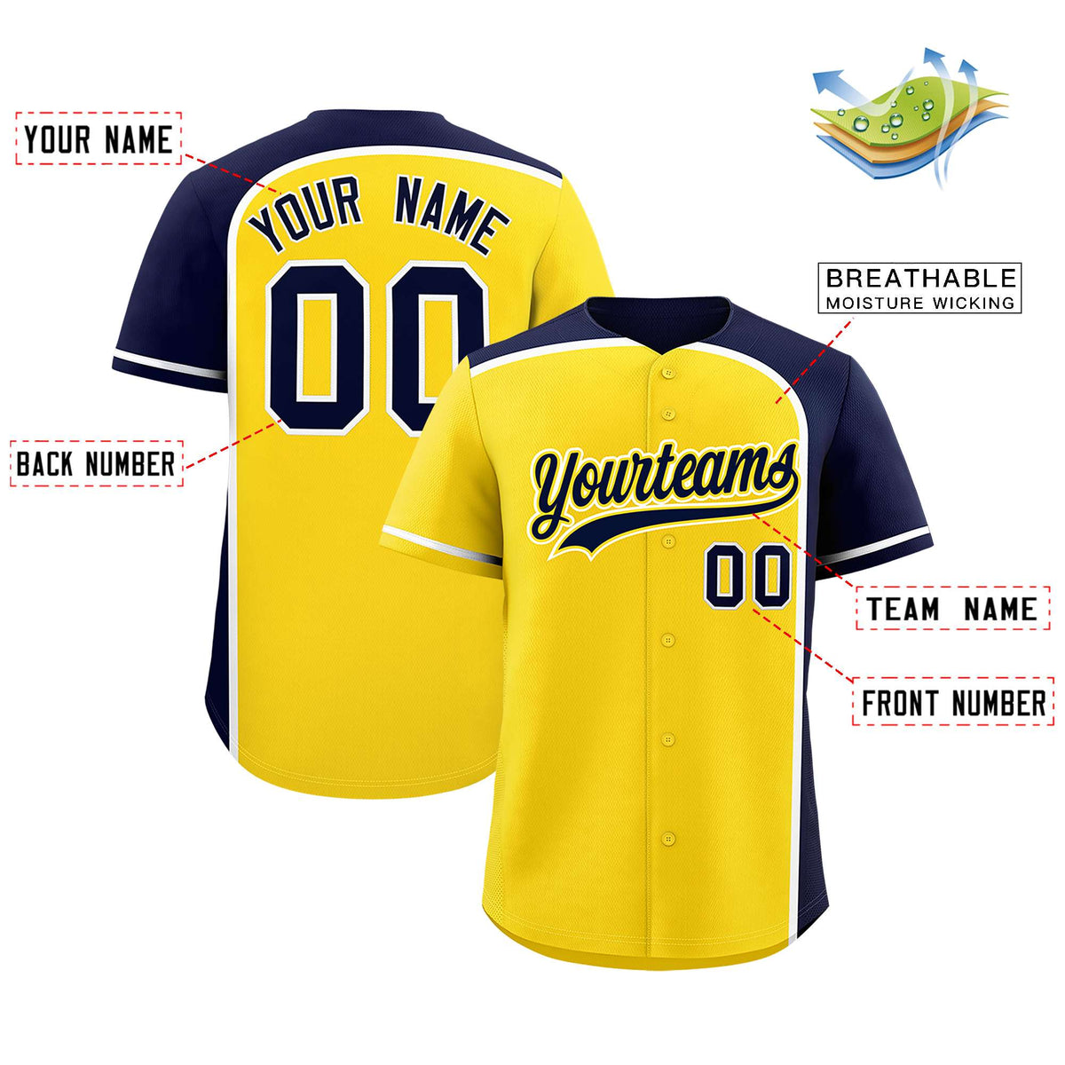 Custom Gold Navy Personalized Color Block Authentic Baseball jersey