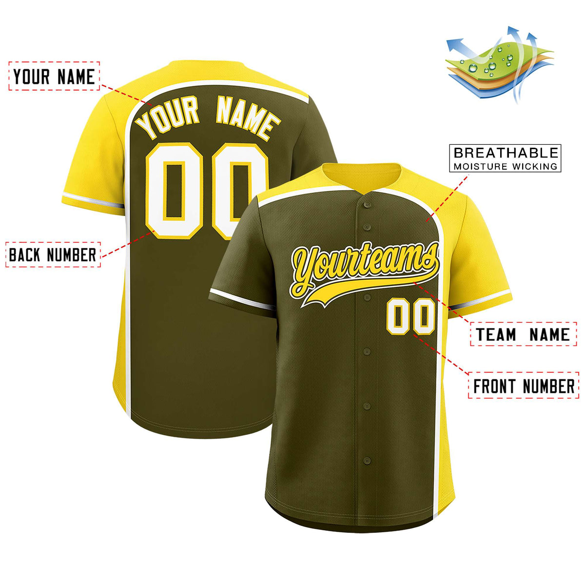 Custom Olive Gold Personalized Color Block Authentic Baseball jersey