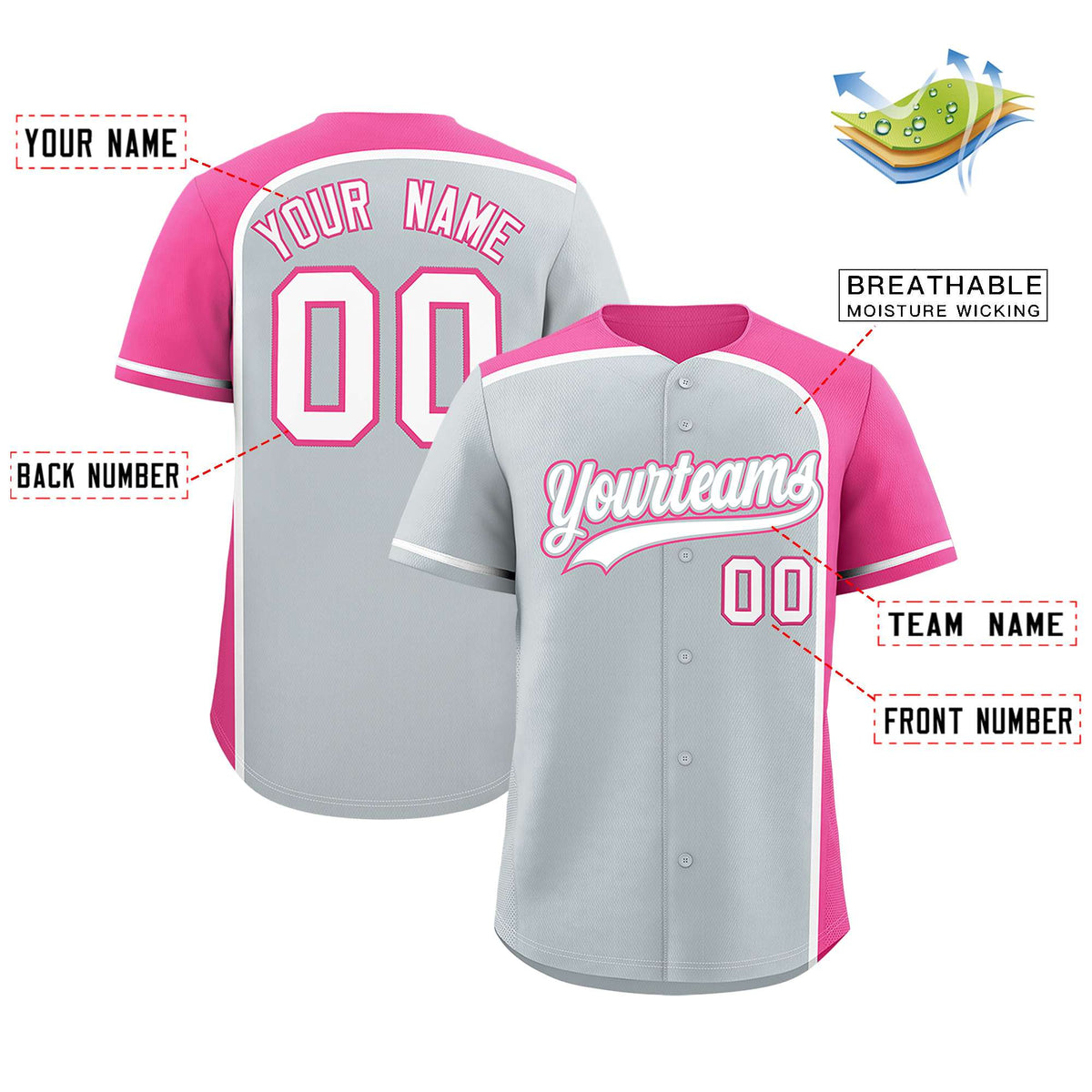 Custom Silver Pink Personalized Color Block Authentic Baseball jersey