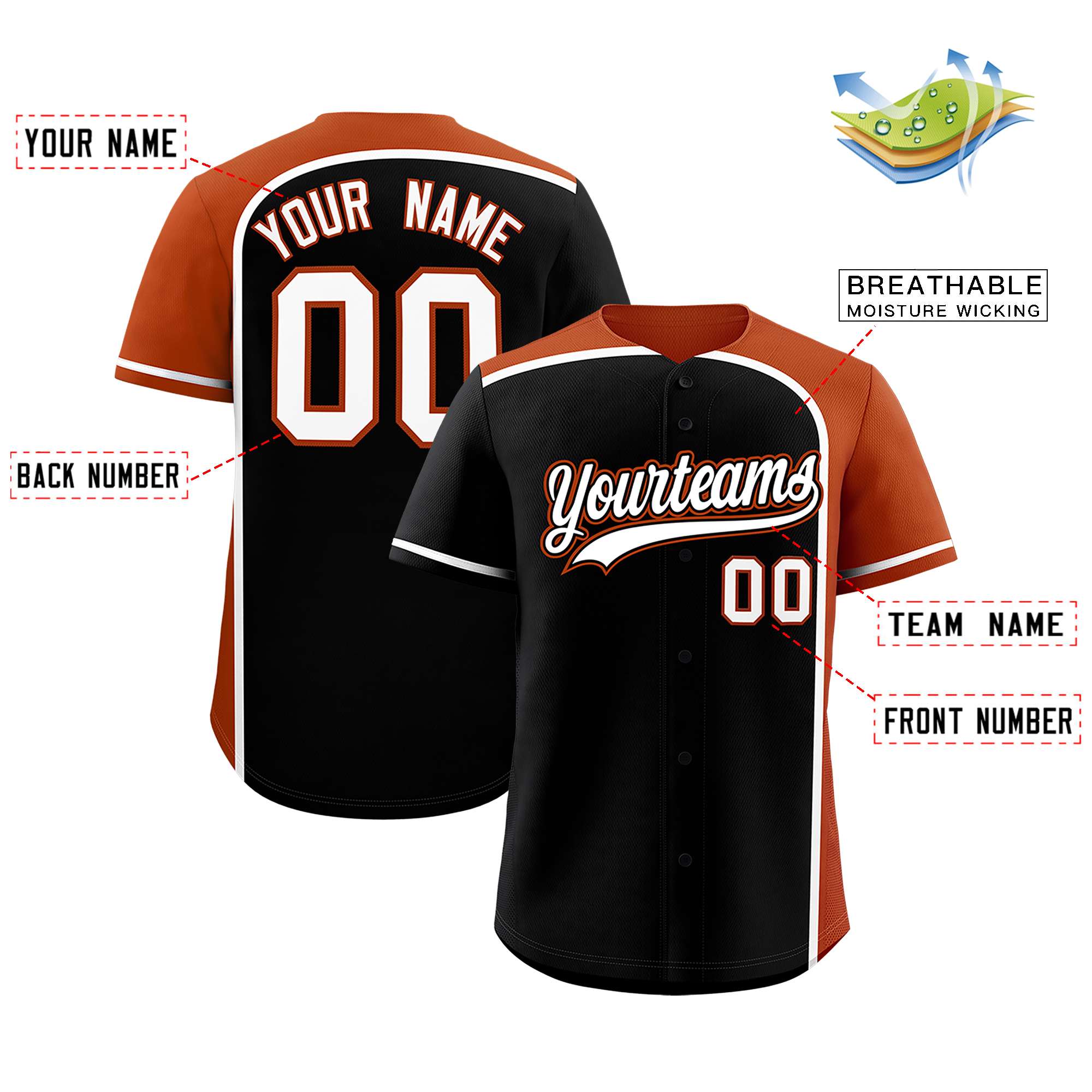 Custom Black Texas Orange Personalized Color Block Authentic Baseball jersey