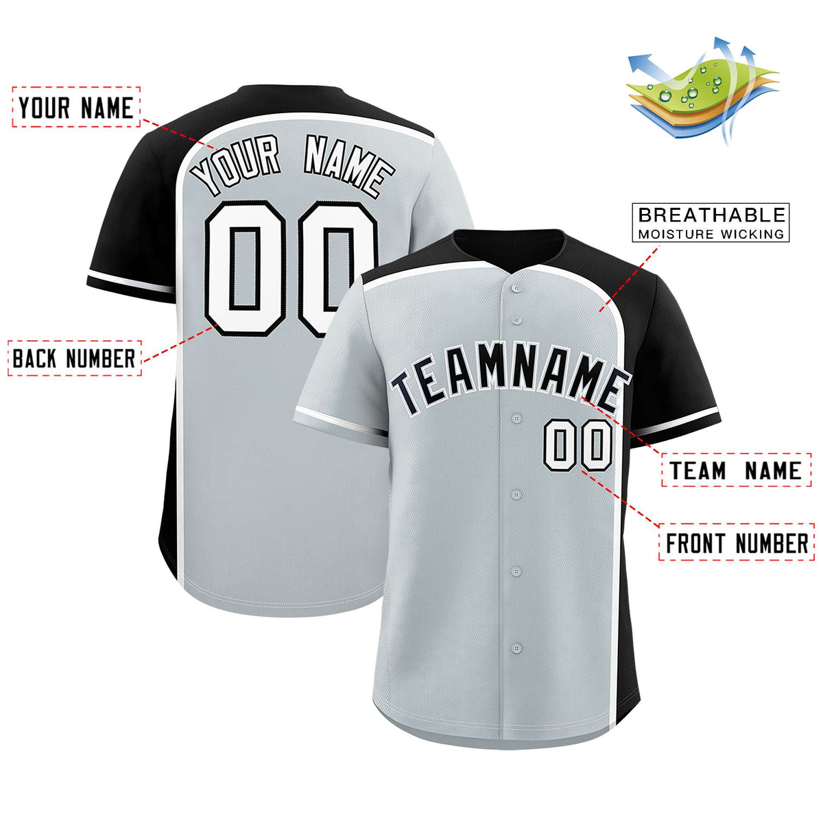Custom Silver Black Personalized Color Block Authentic Baseball jersey