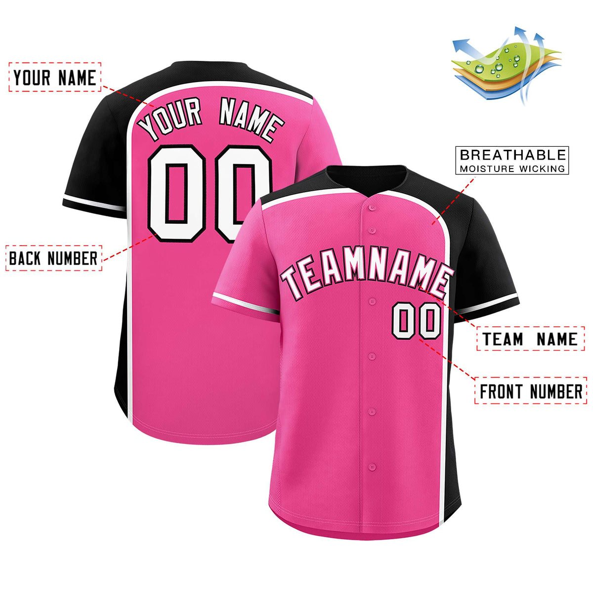 Custom Pink Black Personalized Color Block Authentic Baseball jersey